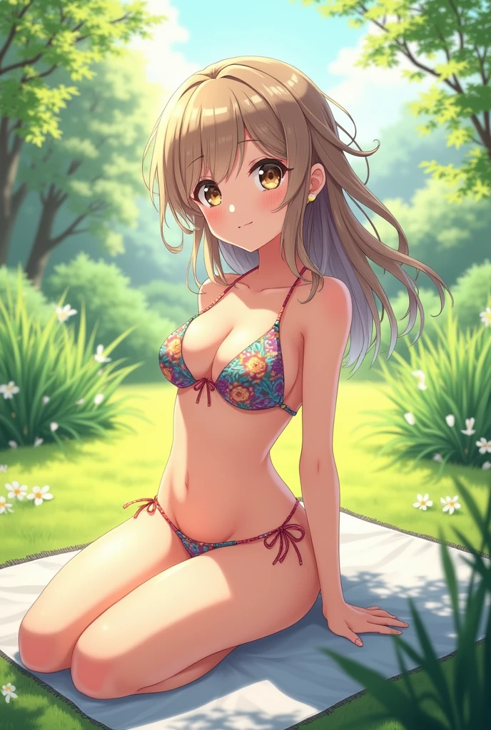 1girl,,tanned body,twintail,,lying on back, on ground,,open legs,spread legs,outdoor,bikini,looking viewer,,,(((Gyaru))),glossy lips.(spoken heart),smirk,open mouth,nature,(nsfw),from above