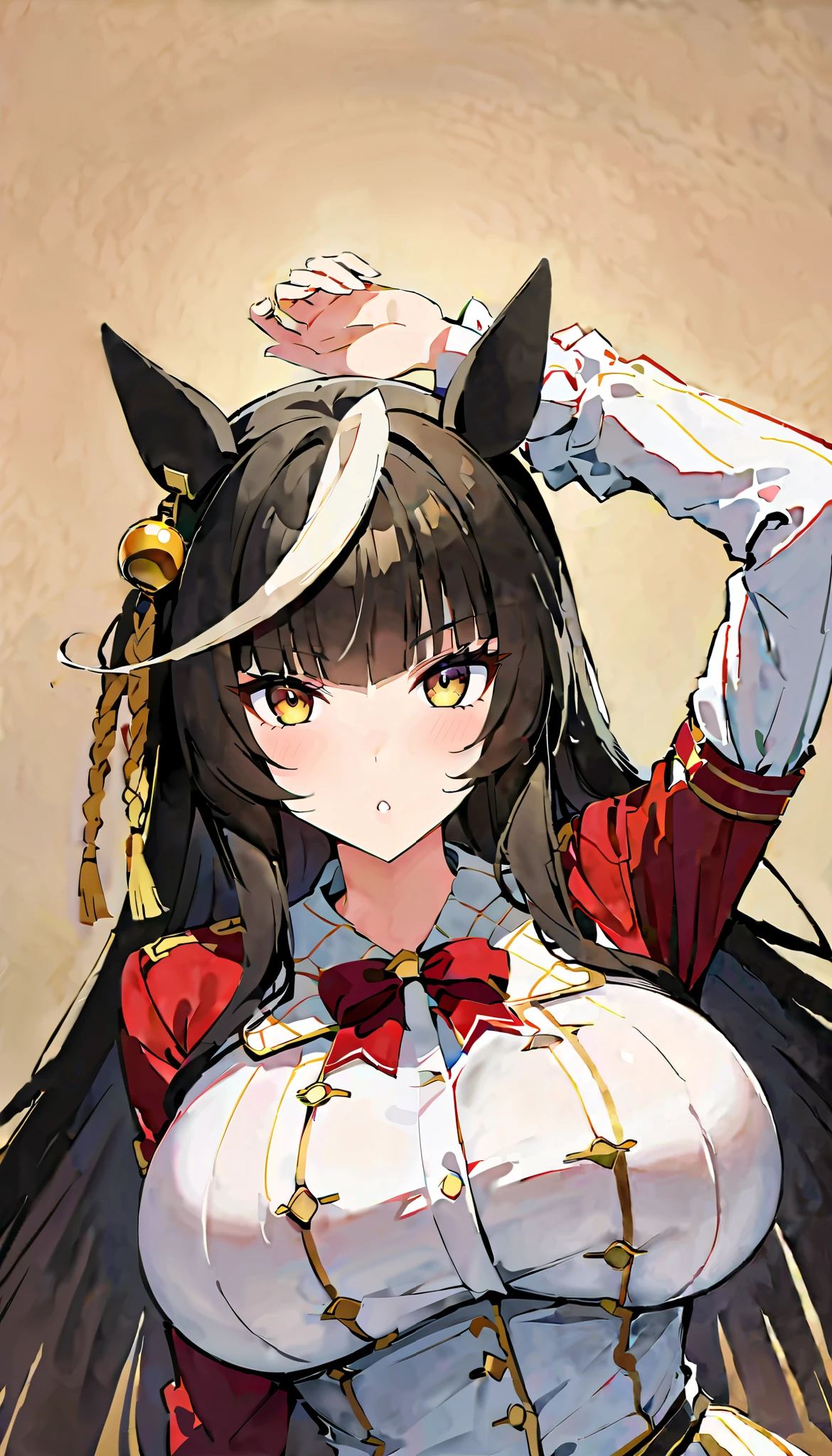 Calston Light O (Horse Girl)、Horse Girl; Very Very Big Breasts Have a Charm That Attracts All Men.勃起した乳首, Costume, Maximize your bust, SEXY AND VERY BEAUTIFUL BREASTS 、Delicate craftsmanship shines through, Costumeは高度な技術で作られています、 Hokko Talmae (Horse Girl) black hairロングヘア、 black hairストレートヘヤー、 black hair、 partial white bangs 、Golden Eyes、Golden eyeball、魅力的なGolden Eyes, Very Very Long Horse Ears 、、、、、 A woman who looks up to you is cunning, but、 You Can't Resist Her Charm , My heart is about to burst、The world began to change color、Poison、Sexy beautiful girl、The background is a racetrack、Girl Running in the Paddock 、 Running and Her Breasts Shaking