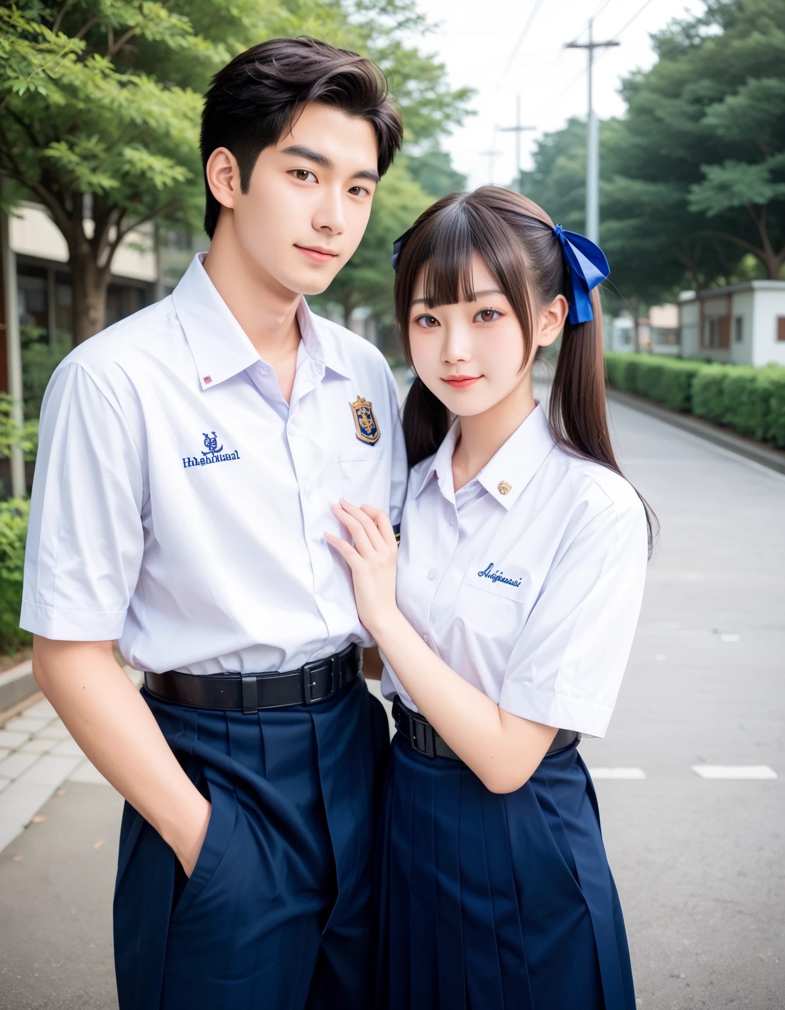 Masterpiece, hd, realistic, couple, different body height, 2 persons, ((1boy, tall body, Asian boy, cute kawaii boy, black straight hair and brown eyes, wearing Thailand highschool uniform, white collared shirt, short sleeves, long pants, trousers, pocket, wearing black belt)), ((1girl,(l1ttlegirl), short body, Slender body, small breasts, thing leg, Asian girl, kawaii portrait, cute kawaii girl, short girl, short body height, (l0li in dress), black twintail hair and brown eyes, hair ribbon, wearing thailand highschool uniform, white collared shirt, short sleeves, pleated skirt, blue skirt , pocket, wearing black belt)), standing, outdoor 