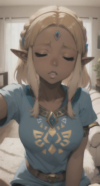 Beautiful dark skinned Hylian, princess Zelda, T-shirt, living room, POV, grabbing viewer, incoming kiss,