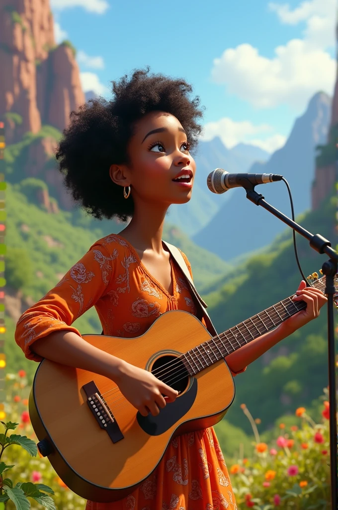A indonesian man and indonesian woman on the boat only, A chubby indonesian woman has curly afro hair and wear long purple dress, sherowing a boat during hot days, sweating, a skinny indonesian man with big teeth play a guitar and singing. background a serene lake