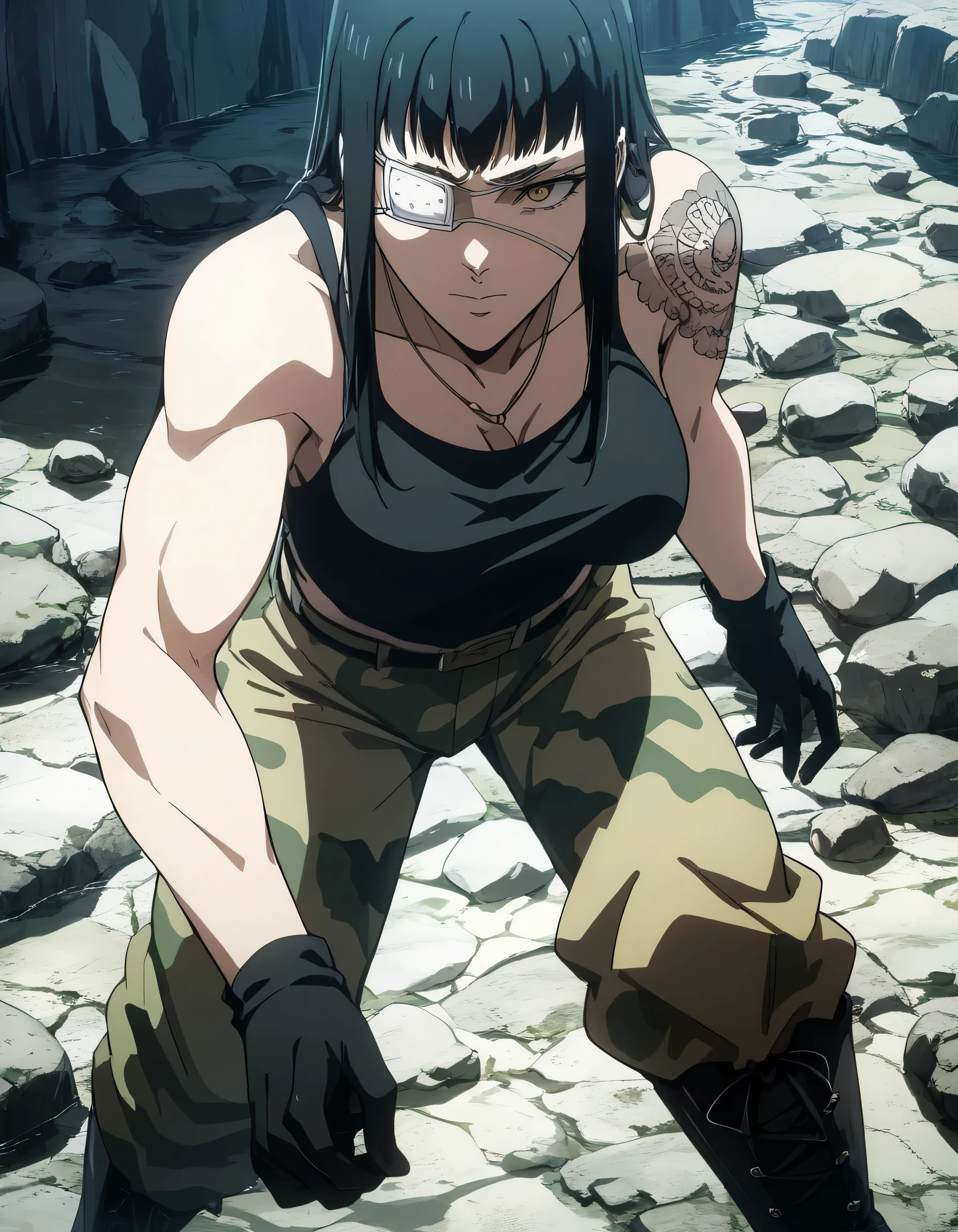 score_9, score_8_up, score_7_up,score_6_up,high resolution,source_anime,s0fiavalm3t,1girl,eyepatch,black hair,long hair,,water,rocks,volumetric lighting,rim lighting,dof,dramatic shadow,full body,dynamic pose,,pov,suspended in air, tattoos on shoulders,wearing military black tank top, gray camouflage camo trousers,black boots,black open gloves,necklace,push-ups 