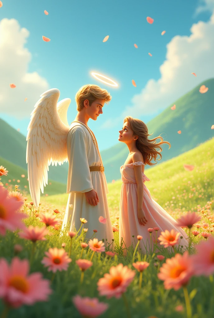"A touching scene of a young guardian angel, depicted as a with delicate, soft wings, gently embracing an ordinary adult. The child angel has an innocent expression, with soft, golden curls and a small halo above their head. They are dressed in simple, flowing white garments, with a warm, gentle light surrounding them. The adult, an everyday person dressed in casual clothes, stands or sits beside the angel, looking calm and reassured. The background features a peaceful, celestial landscape with soft clouds and a gentle, warm light, symbolizing the protective and nurturing presence of the child angel over the ordinary person."