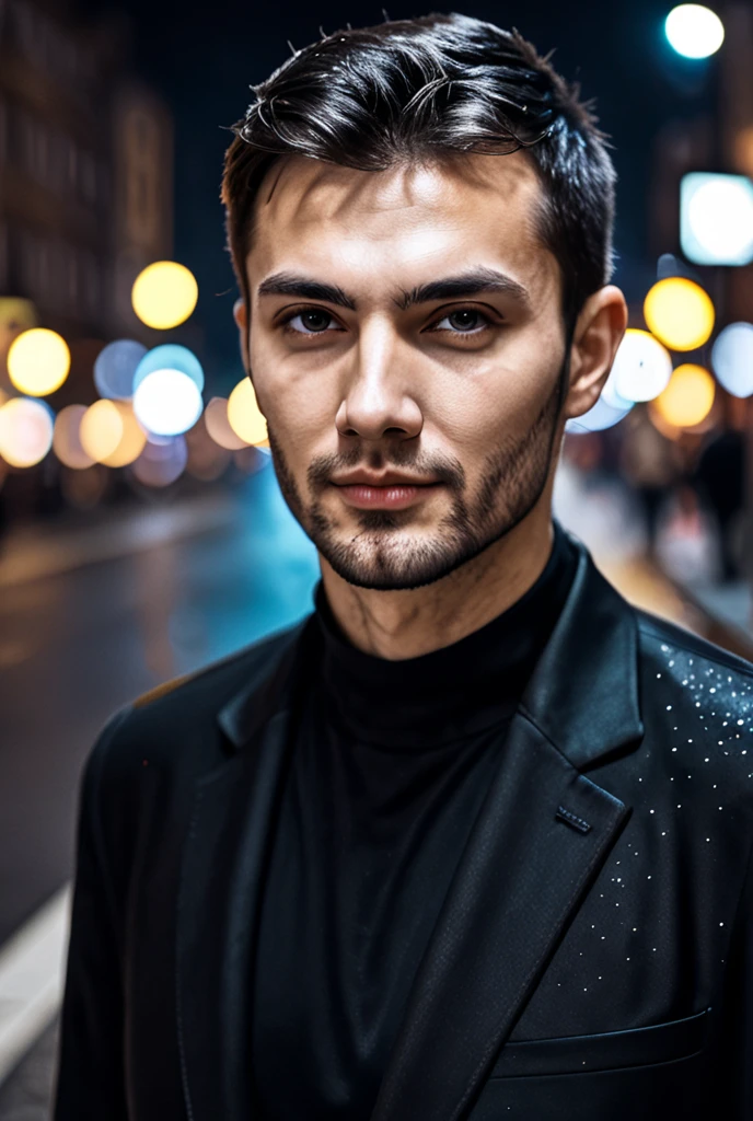 closeup face photo of caucasian man in black clothes, night city street, bokeh