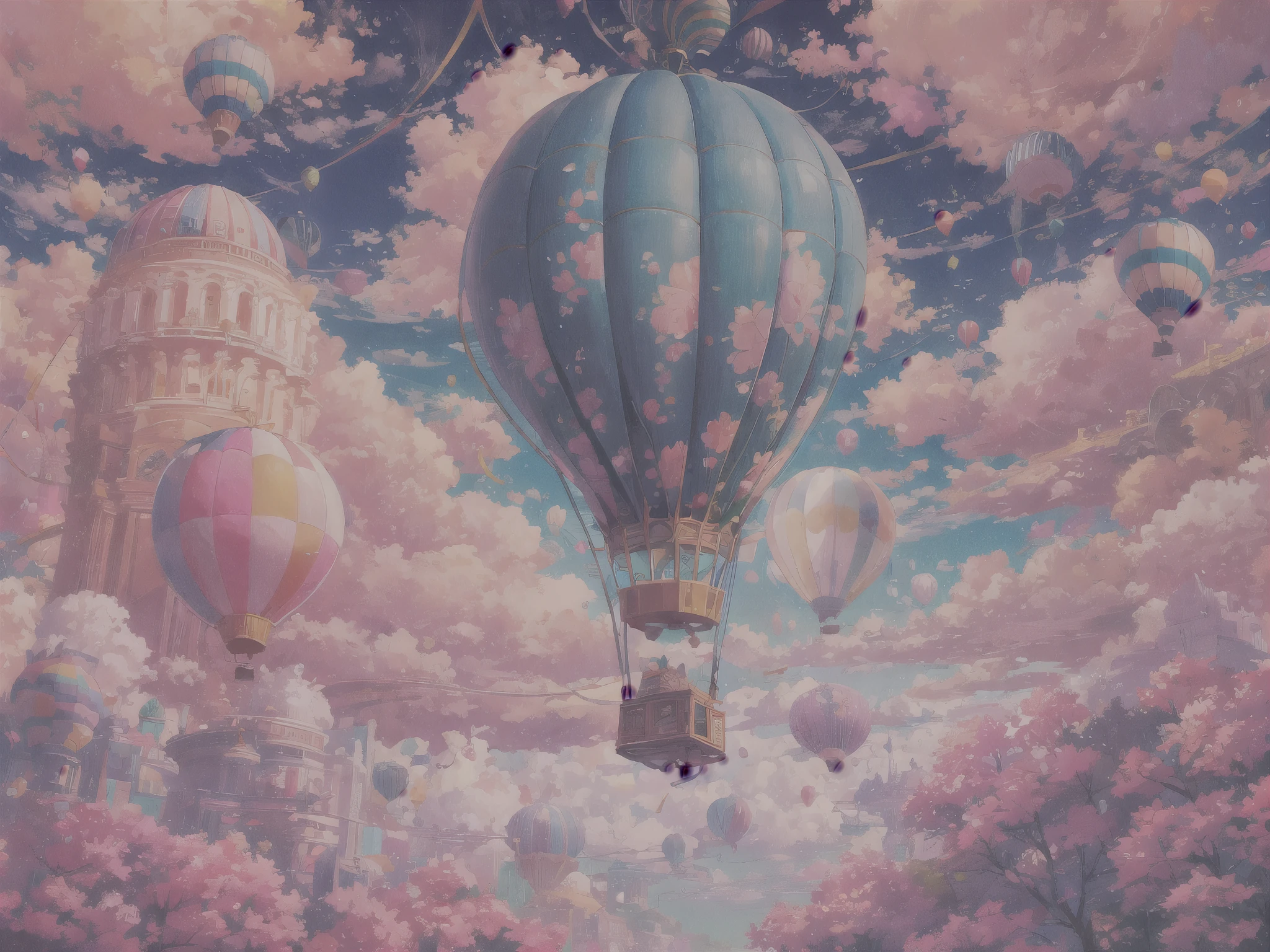 Generate a vibrant vaporwave scene with rich fantasy elements and hot air balloons. Include bold hues, watercolor clouds, and a dreamy background. The hot air balloon is important and should be detailed and pretty. 