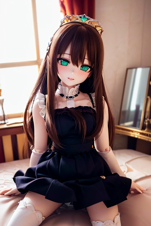 photorealistic, realistic photo, ((highest quality)), ((masterpiece)), kukolnydom, doll, (mature woman:1.6), solo, ((eye level shot, sitting on sofa, reclining on sofa, skinny, slender, slim, brown hair, parted lips)), detailed face, green eyes, (looking down:1.3), (eyes out of focus, emotionless eyes, blank stare, empty eyes, detailed eyes), dress, castle, 8k