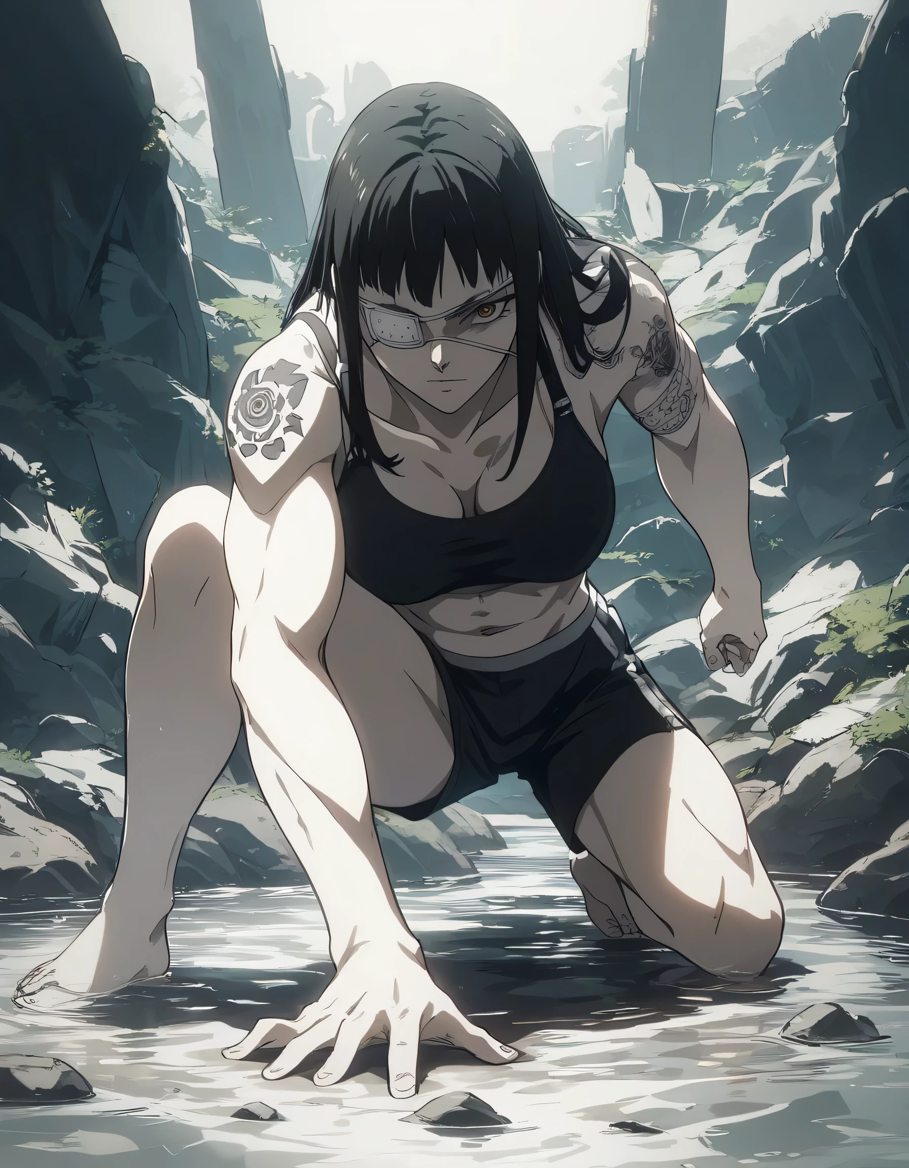 score_9, score_8_up, score_7_up,score_6_up,high resolution,source_anime,s0fiavalm3t,1girl,eyepatch,black hair,long hair,,water,rocks,volumetric lighting,rim lighting,dof,dramatic shadow,full body,dynamic pose,looking at viewer,pov,suspended in air, tattoos on shoulder,wearing sport bra,black sport shorts,Barefoot,training hard,,sporting attraction,too white skin color,push-ups 