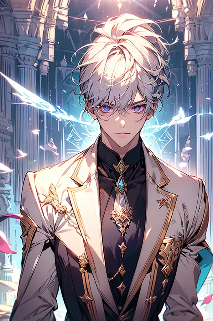 ((Top Quality, best quality, Masterpiece)), ((Ultra Detailed Face, Detailed Lips, Detailed Eyes)), ((1man, solo)), ((A handsome 18 years old boy)), ((Icy blue White Hair, short and messy bangs)), ((Plum Purple Eyes)), ((Exquisite face, Exquisite eyes, very handsome, sexy face)), ((pretty lips, plump lips, cupid bow lips)), ((Icy blue White eyebrows, beautiful under eyelashes)), ((shy, in love with viewer, romantic face, adoring face, gentle smile)), light peach colored skin, ((muscular, broad shoulder, Big Chest Muscles, inverted triangle body)), ((wearing: navy colored suit jackets, white shirts, turquoise colored tie)), ((backgound: peaceful field, green hills, flowers, magical academy from a distance)), ((picnic)), perfect color, perfect lighting, perfect shadow, perfect face, anatomically correct