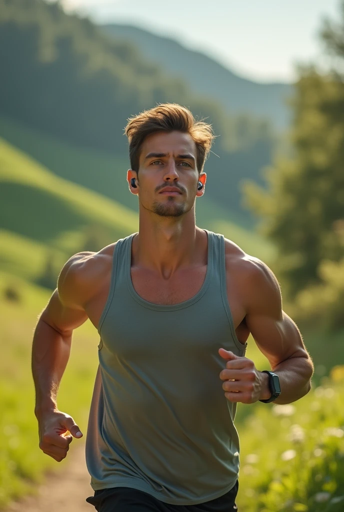 Photorealistic photos: a muscular man, wear shorts, jogging, Wear headphones, left hand wearing silver watch, There are many flowers along the road in the park.,