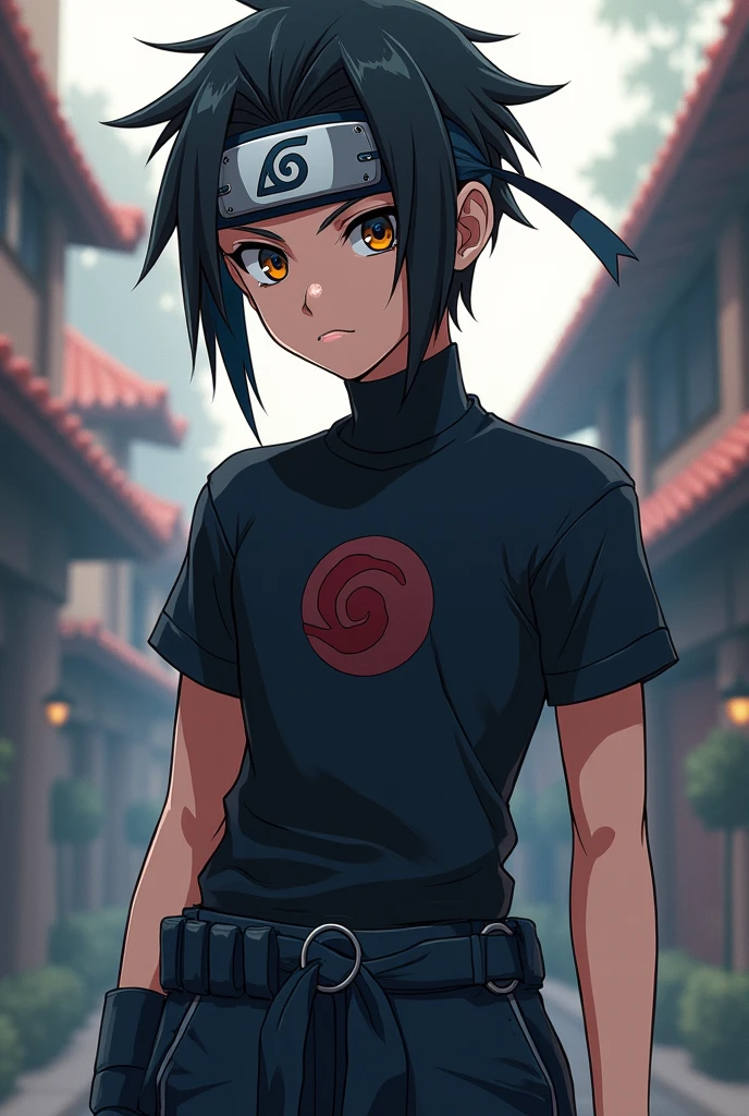 Seventeen-year-old anime boy with dark black eyes ,  a tight black t-shirt underneath a dark blue combat suit ,  black pants with ninja weapons with the Konoha symbol from the Naruto Naruto anime style with the konoha band on his forehead has dark orange eyes 