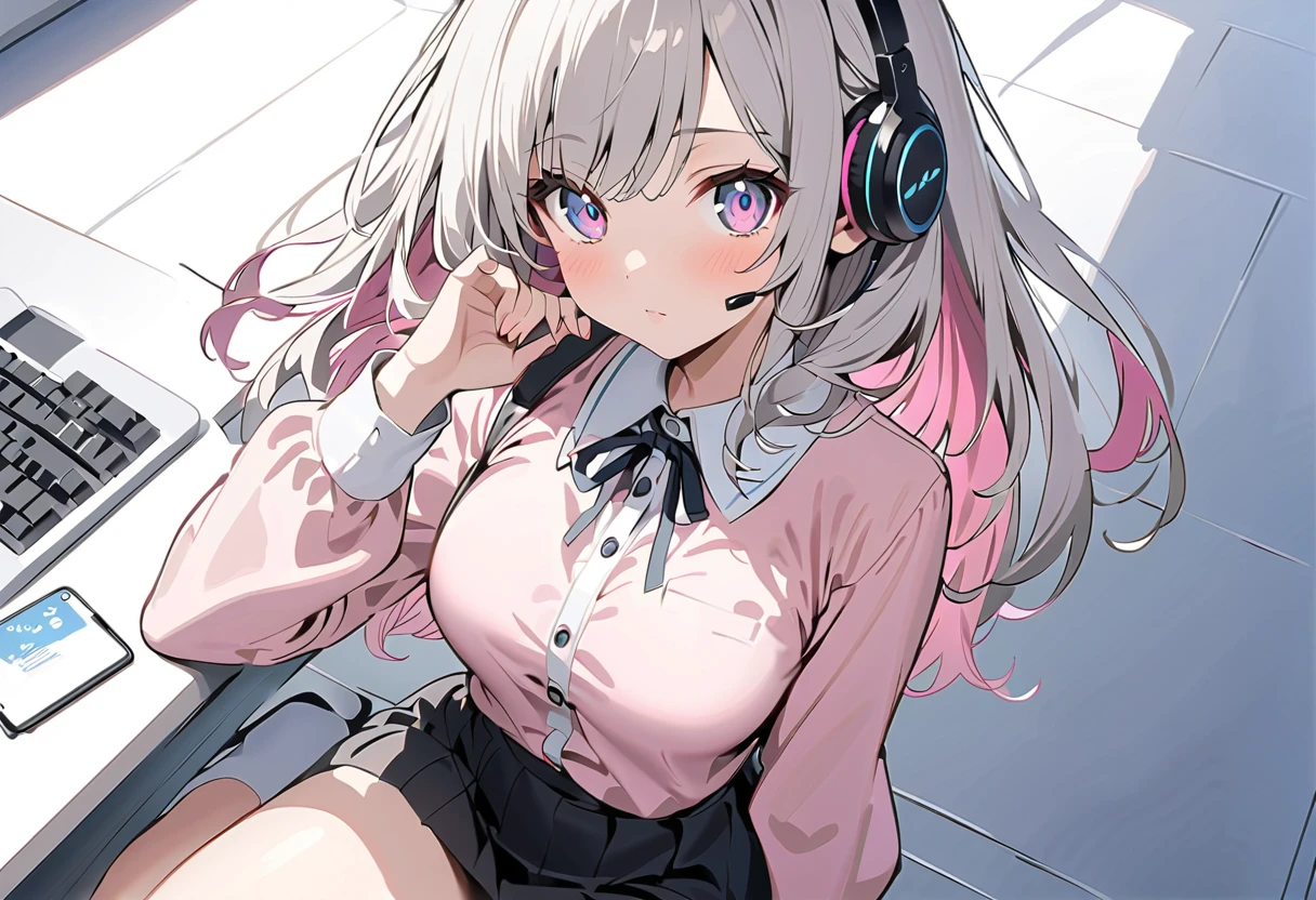 Game Streaming、Get carried away with PC games、streamer、Game Commentary、 Computer 、 headset、asymmetry bangs, swept bangs,{{{masterpiece}}}, {{{ top quality}}}, {{  super detailed}}, {beautiful detailed eye}, 1  girl, Alone, ((Grey Hair)),(bangs), angle from above、  looks up,  girl ,Midea,eye、  dynamic angle  、Long Grey Hair、 pink tips 、Alone、  medium hair 、白い  medium hair 、 Song、Idol、長めの  medium hair 、  long hair、  bob hair、 ステージに立ち Song、 long sleeve pink shirt with white collar {x} 肩くらいまで伸びるGrey Hair 、 Pink hair with pink tips 、  medium hair ー、 hair with pink inner color、 white hair down to shoulders 、 pretty  girl、Detailed eye、Anime、  Shirogane Noel、 Delivery equipment 、  black skirt、 white hair down to shoulders 、 simple background、,Alone、 1  girl、E art style 、 The light shines 、Beautiful Shadows、Alone、singer、
