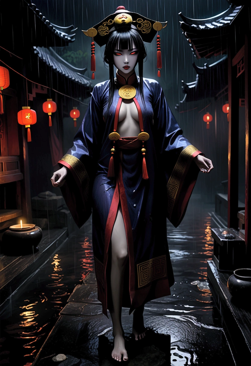 Female jiangshi, (talisman on forehead), blank eyes, pale face, fangs, unclothed, naked in ragged manchurian clothes remains, eerie ambience. Rainy night. (Full body view) 