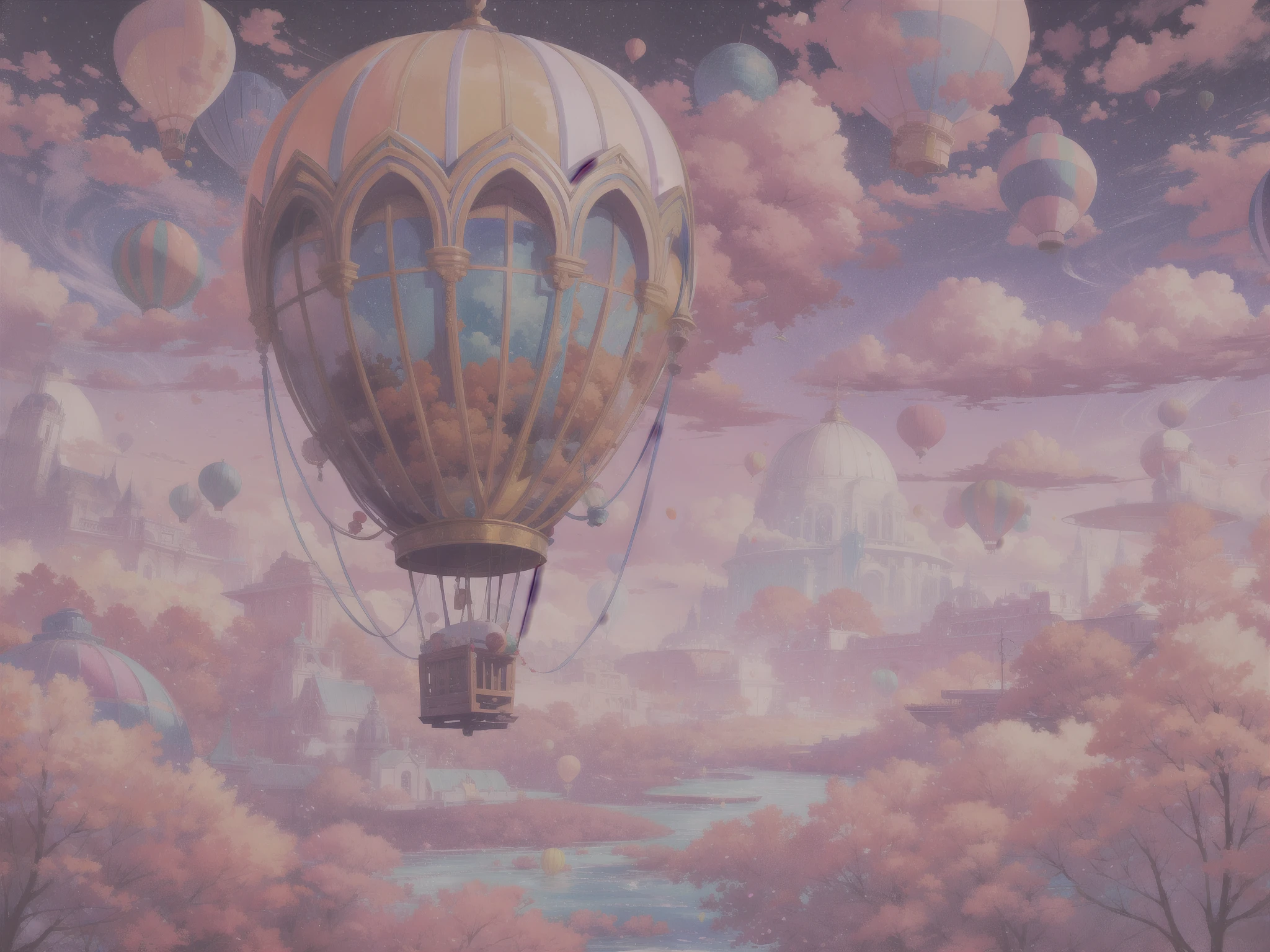 Generate a vibrant vaporwave scene with rich fantasy elements and hot air balloons. Include bold hues, watercolor clouds, and a dreamy background. The hot air balloon is important and should be detailed and pretty. 