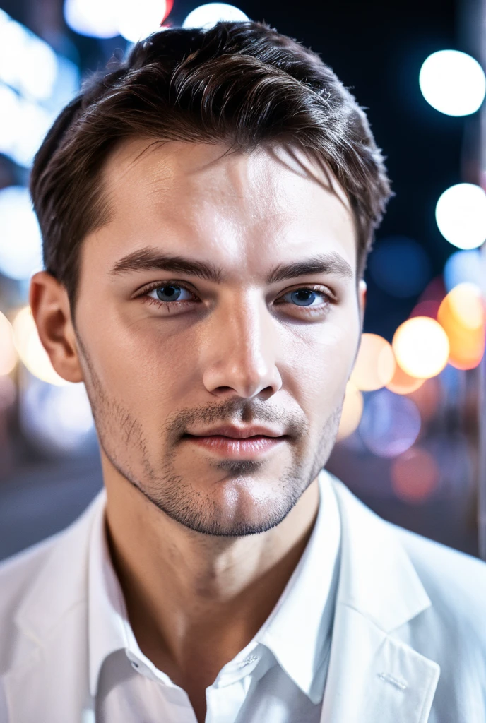 closeup face photo of caucasian man in white clothes, night city street, bokeh