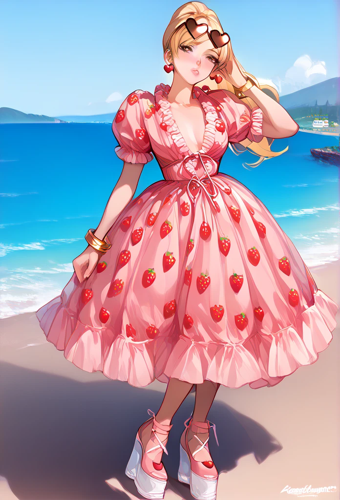 1girl, solo, masterpiece, best quality, (anime art style:1.0), score_9, score_8_up, score_7_up, source_, blushing, 【COSTUME】Strawberry Dress, long blonde hair, high ponytail, heart sunglasses on her head, soft pink lips, gold bracelets, brown eyes, pink platform shoes, beach background/ landscape, Flower Necklace