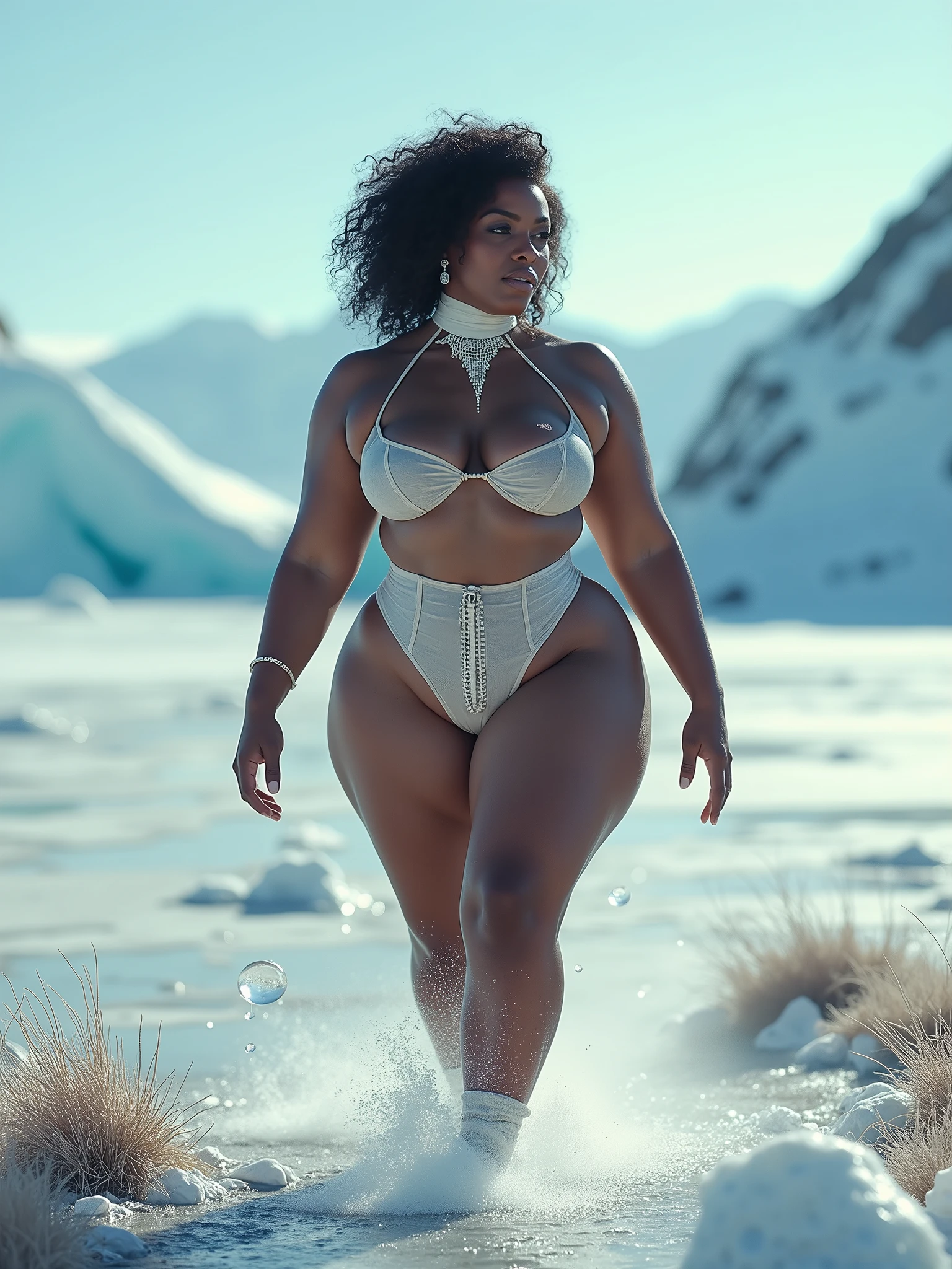 American beautiful woman sexy curvy plus size body beautiful wearing potato color SHEIN Frenchy Plus Tropical Print Drop Shoulder Bomber Jacket posing for a picture in Jungfraujoch, camera front facing, smilling face, golden hair, head to toe view, full body shot, hourglass body shape, curvy plus size body, bigger waist, busty, big hips, fleshy thighs, thick thighs, busty, full body view, head to to view, full body shot, beautiful curves, curvy model, attractive curves, attractive feminine curves, gorgeous woman, Jungfraujoch background,