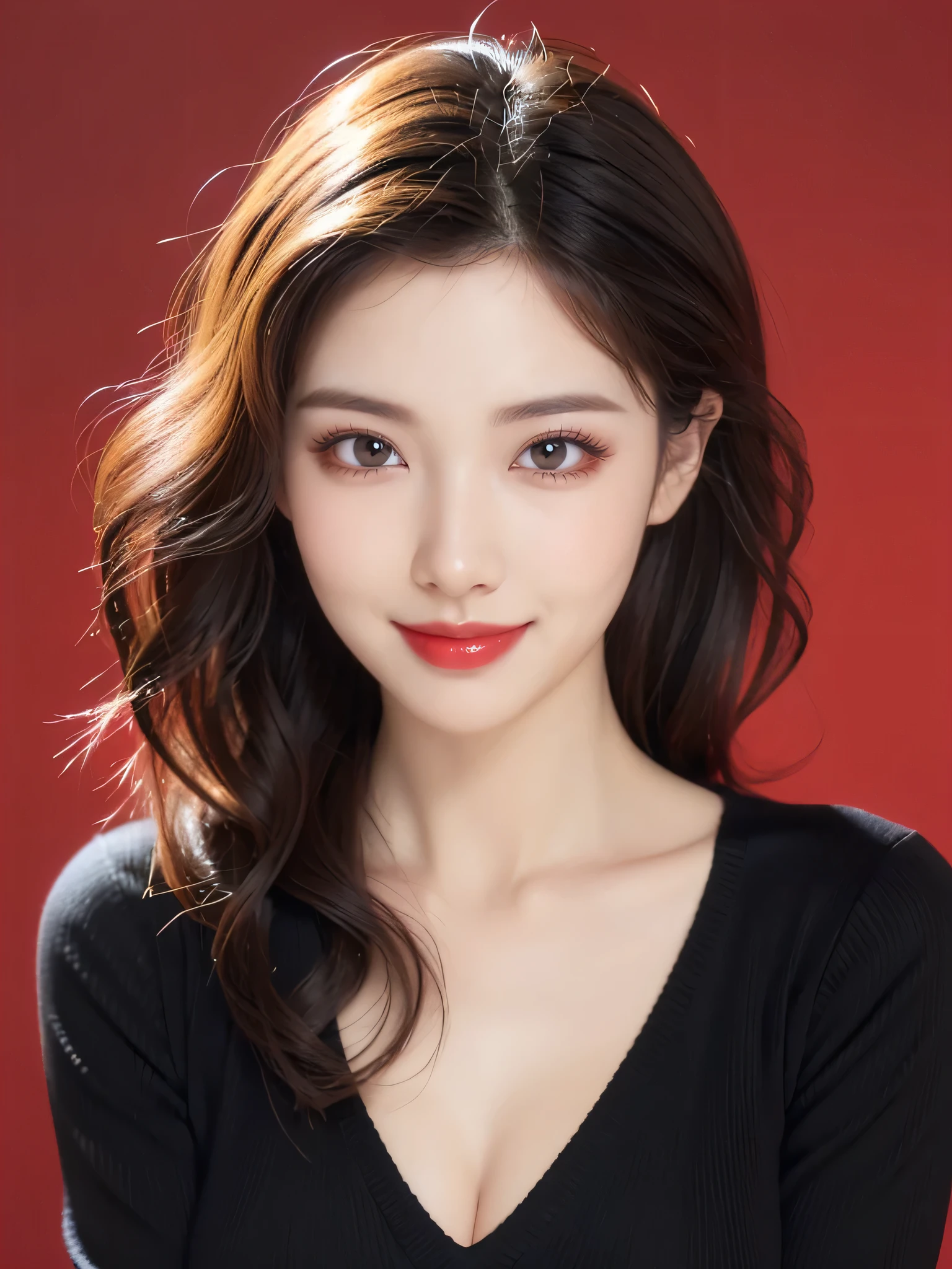 ((Best quality, 8k, Masterpiece :1.3)), 1girl, smiling, Red lipstick, sensual Lipstick, Sensational Make up, full body, slim face, Pretty woman, (Dark brown hair), full length dress :1.1, Ultra-detailed face, Detailed eyes, Double eyelid, blur background, slim face, city, outside, street,