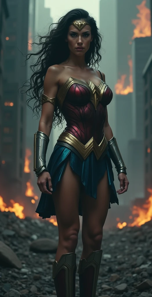 A beautiful shaved woman wearing the Amazon warrior Wonder Woman costume on her knees begging for forgiveness blood around her strong and bloody images 