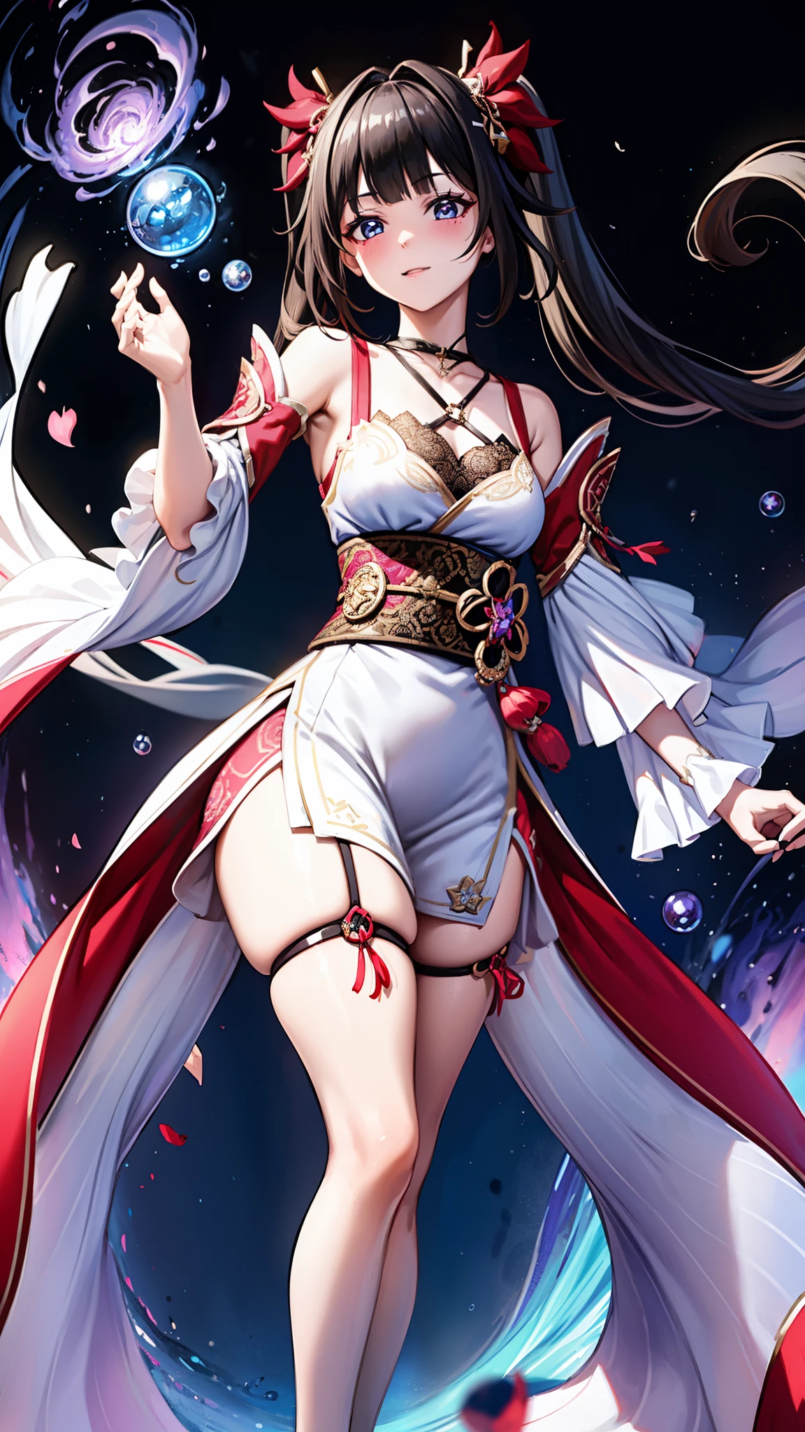 age girl ,obsessed, Have Fun ,in love,(Big white spiral dress ),sparkle, transparent clothes,Exquisite hair accessories, transparent lace ,night,Dress nicely, carved suspenders , slim beautiful face with double ponytail, Black Hair, Blushing, seven-part lens,