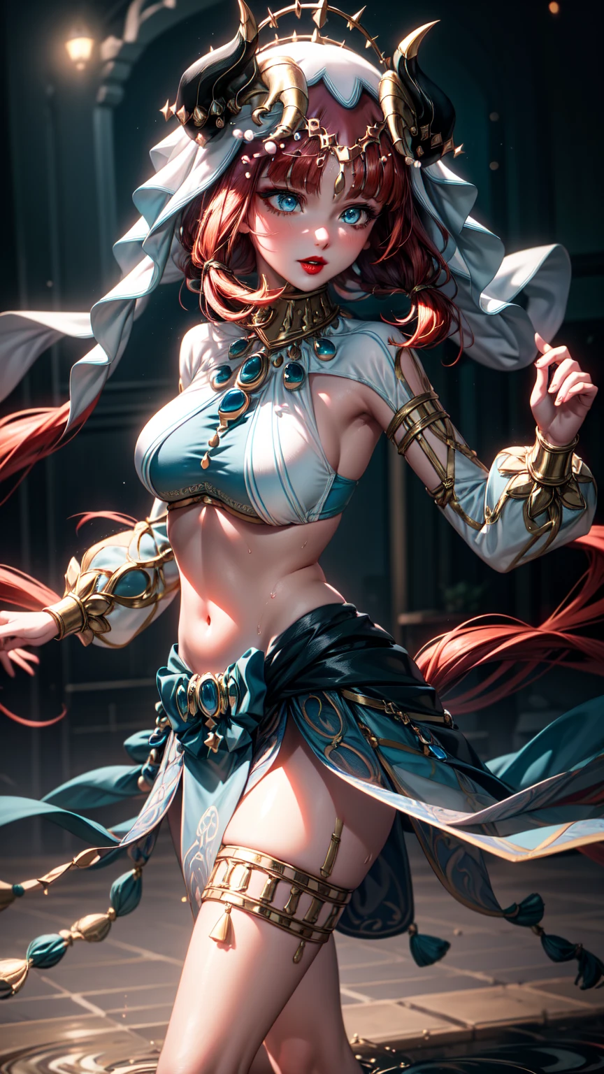 ((masterpiece)),(bestquality),((ultra-detailed)), (beautiful detailed face), depth of field,detailed,((beautiful detailed eyes)), medium breast, niloudef, full body, Belly Dancing pose, sensual, seductive. Theatre scenario background.