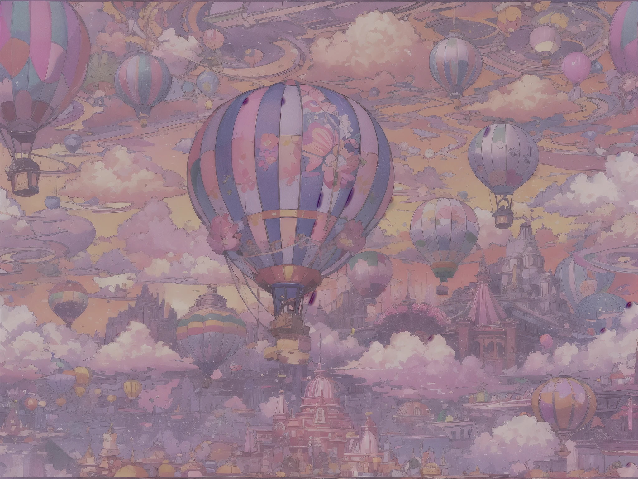 Generate a vibrant vaporwave scene with rich fantasy elements and hot air balloons. Include bold hues, watercolor clouds, and a dreamy background. The hot air balloon is important and should be detailed and pretty. 