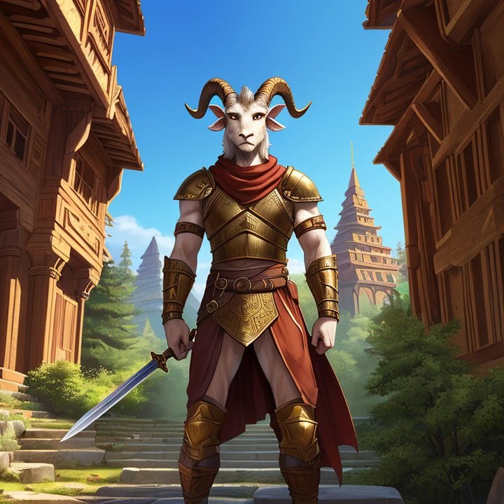 Masterpiece, HD, high resolution, high quality, best quality, super detailed. Solo creature alone, multiple views. Fantasy art.
{{(An anthropomorphic-animal: A 200-years-old male-adult-satyr-warrior:(appearance: grey-goat-fur. Goat-animal-head. Goat-animal-face. 2-Goat-long-horns. Goat-mouth. Yellow-eyes with black-pupils. Anthro-goat-slender-body. Slender-arms. Anthro-goat-legs with goat-hooves. Hairy-goat-tail. He stands 1,80-CM-tall. Serious expression. Fierce and introvert personality. He stands very aggressive and angry.),(he wears: bronze-etruscan-armor. Bronze-breastplate-cuirass. Bronze-etruscan-shoulders-armors-adorned-with-spikes. Bronze-wristbands. Bronze-belt. Red-scarf. Heavy-bronze-etruscan-helmet.),(equipment: long-greek-sword in his left-hand.),(scenery: huge-wooden-city. Huge-wooden-magical-buildings. Black-forest. Black-trees. Sunny-sky.))}}