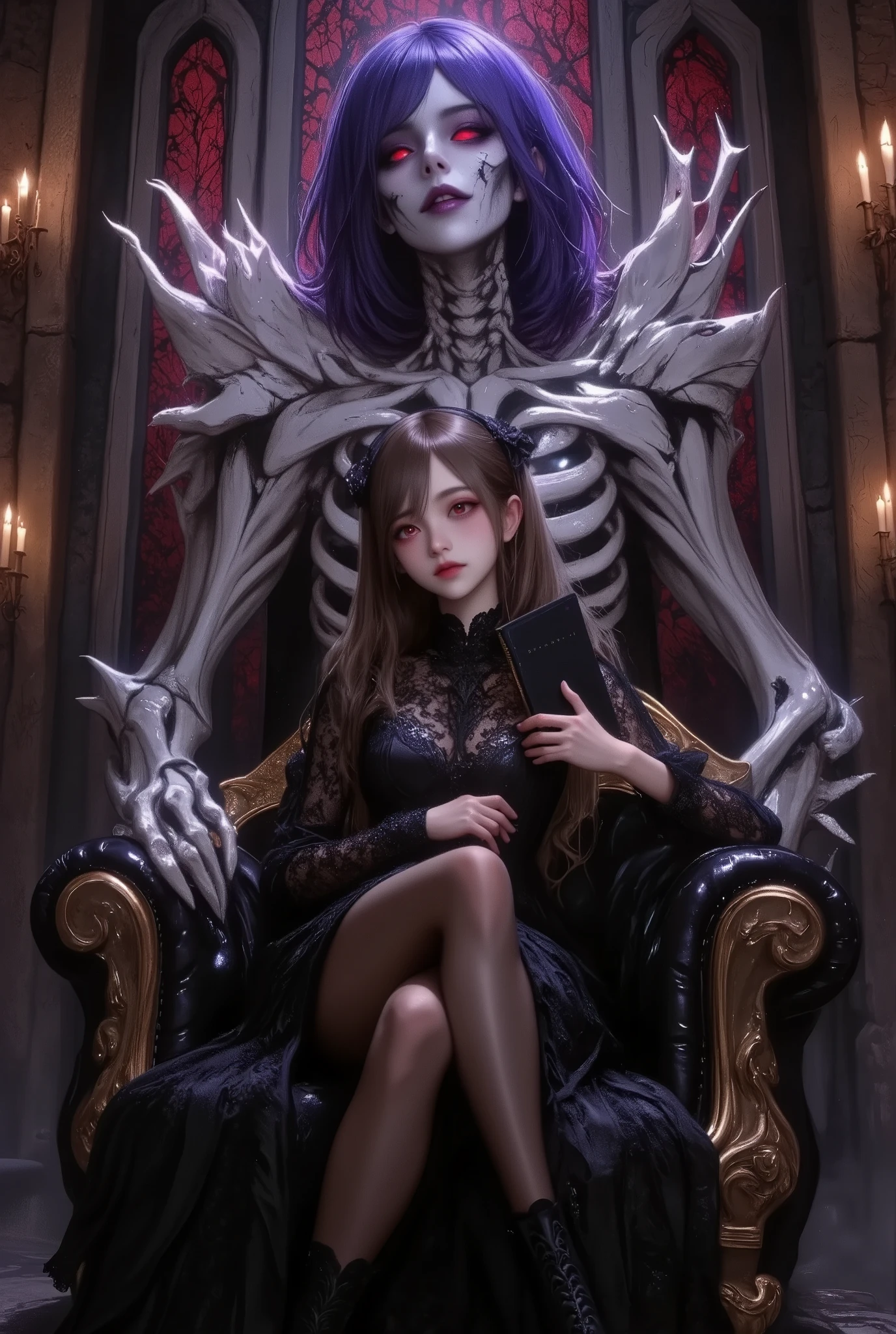 photo Realism style, digital painting, best quality, high detail, 1girl and death god,1girl\(twin tails, bright brown hair,fair skin, gothic lolita fashion, false smile, empty eyes,black lace dress, black thigh-high stockings, black high-heeled boots, sitting pose on an ornate gothic chair, legs crossed, (right hand holding a black notebook with “Death Note” written on the cover), relaxed and confident expression, dimly lit environment\),death god\(humanoid skeleton body, intricate and jagged bone structure, elongated ribcage spikes, sharp and menacing bone extensions on shoulders and limbs, asymmetrical skeletal design, right eye covered with a bandage, messy and unkempt hair with a gradient of white to purple-tinted blue, dark purple lips, hollow glowing eyes, menacing and eerie expression, detailed bone texture, dramatic lighting emphasizing skeletal form, ominous and otherworldly presence, thick dark purple lips, expressionless face\),BREAK,dark gothic background, intricate stone archways, stained glass windows with crimson and violet hues, flickering candles, shadows cast across the scene, subtle glowing light accents.