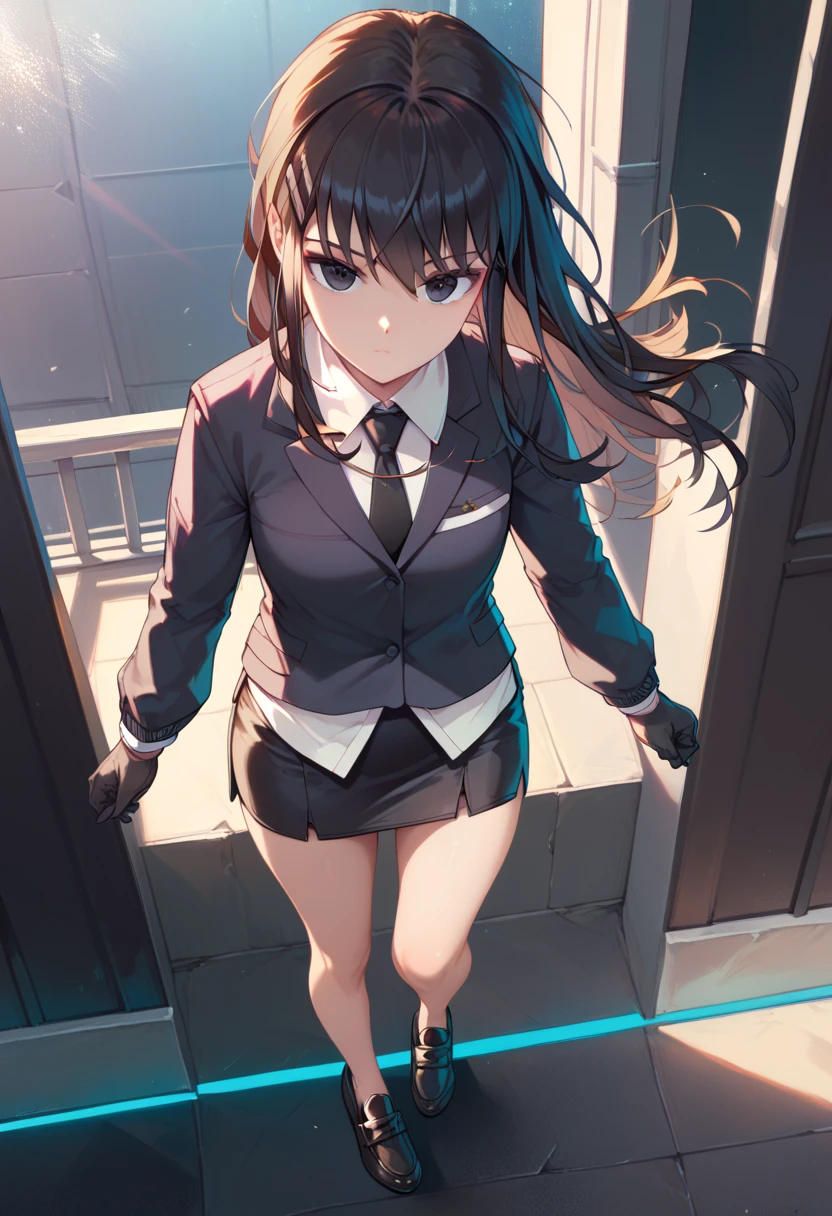 bangs, black gloves, black eyes, thighs, black hair, lucy-default, black hair ,long hair,hairclip, black blazer, black miniskirt, black pencil skirt, black loafers, view from above, standing posture , black tie