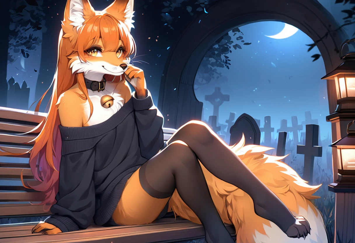 full body、Solo、unpralleled masterpiece、Detailed、 Beautiful、 score_9、 score_8_up、 score_7_up、13th the Friday、moody atmosphere、mysterious、fox、anthro、furry、female、orange fur、(long hair、beautiful hair、orange hair、side swept hair、bangs)、yellow eyes、(fur tuft on chest、tuft of fur)、(digitigrade、claws、fox paws、exposed feet)、(foxy whiskers)、(heavily shaded orange body、dark black shading on body)、(sassy pose、sassy hips、sassy、flirtatious)、fluffy tail、(light smile、soft smile)、wearing (Black simple stylish long socks、non-transparent thigh highs、Black crop off shoulder sweater、Colored hair bow、Collar with gold bell)、indoors、in a graveyard、night、tree、lantern on post、incantations on wall、sitting on a wooden bench、behind view、back view、looking at viewer