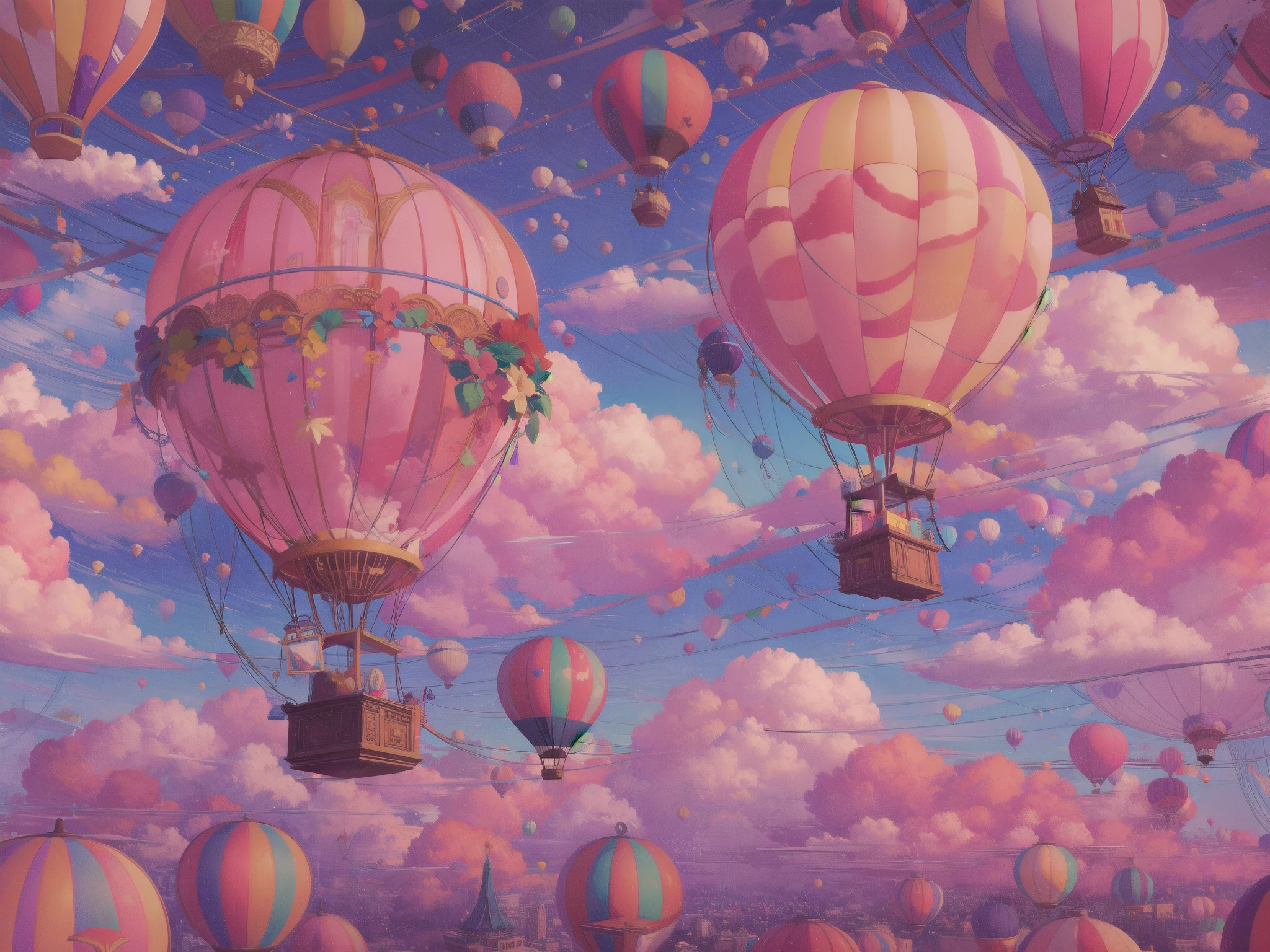 Generate a vibrant vaporwave scene with rich fantasy elements and hot air balloons. Include bold hues, watercolor clouds, and a dreamy background. The hot air balloon is important and should be detailed and pretty. 