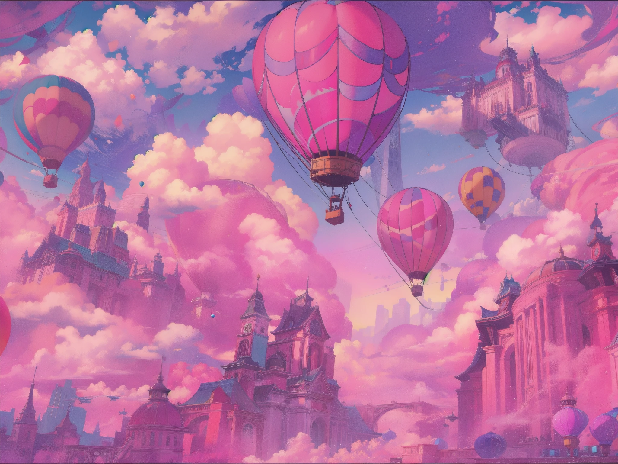 Generate a vibrant vaporwave scene with rich fantasy elements and hot air balloons. Include bold hues, watercolor clouds, and a dreamy background. The hot air balloon is important and should be detailed and pretty. 