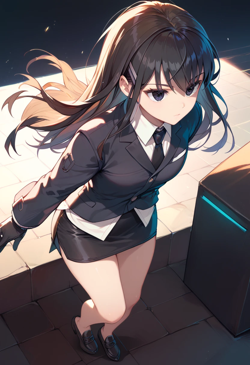 bangs, black gloves, black eyes, thighs, black hair, lucy-default, black hair ,long hair,hairclip, black blazer, black miniskirt, black pencil skirt, black loafers, view from above, standing posture , black tie