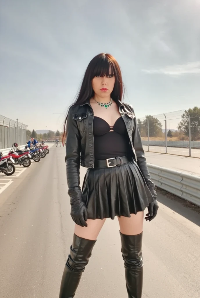   Detailed face of Jacqueline  ,   shiny and silky hair without fringes,  bare forehead ,  perfect body  ,  sexy woman,   smiley face, minifalda plisada de leather, upskirt: 1.4,   showing her big butt  ,   motorcycle racing  , Frau im leatheroutfit, leatherbekleidung und Stiefel, leatherbekleidung, in schwarzes leather gekleidet, en a complete leather suit, leatherbekleidung, bekleidet mit kurzer leatherjacke, leather, leatherstiefel, in Biker-leather gekleidet, leather stockings, high boots, interested in   , Amado  ,   imposing and dominant  , bekleidet mit leatherjacke, Tragen von leather,