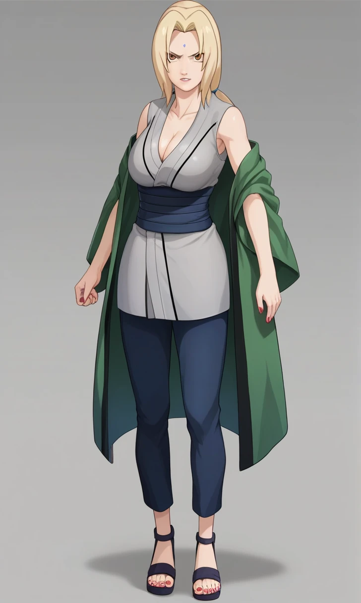 tsu, 1girl, tsunade (naruto), (looking at viewer), blonde hair, low twintails, forehead mark, brown eyes, large breasts, green coat, grey kimono, sleeveless kimono, blue pants, sandals, cleavage, red nails, 
standing, full body, 
serious, parted lips,clenched teeth, front view, 
simple background, perfect lighting,
