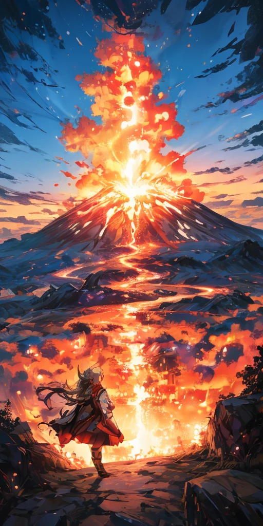 solo,1girl\((EyjafjallaBase):1.3, curled horns, ahoge, mask around neck, purple dress, white cape, fingerless gloves, black thighhighs,tears\).background\((realistic detailed volcano:1.2),beautiful red sparks,Lots of fireballs,(great eruption:1.3), lava,flare,(prominence),beautiful stardust,(burning sky:1.3),night\),(landscape:1.4),(dynamic angle:1.3).,dutch angle.great focus of volcano. BREAK .quality\(8k,wallpaper of extremely detailed CG unit, high resolution, top-quality, top-quality real texture skin, hyper realistic, increase the resolution, RAW photos, best quality, highly detailed, the wallpaper, golden ratio, high saturation realism, vibrant colors, dramatic lighting, persuasive storytelling, atmospheric scenery, captivating visuals, intricate details, strong emotions, dreamlike world\),