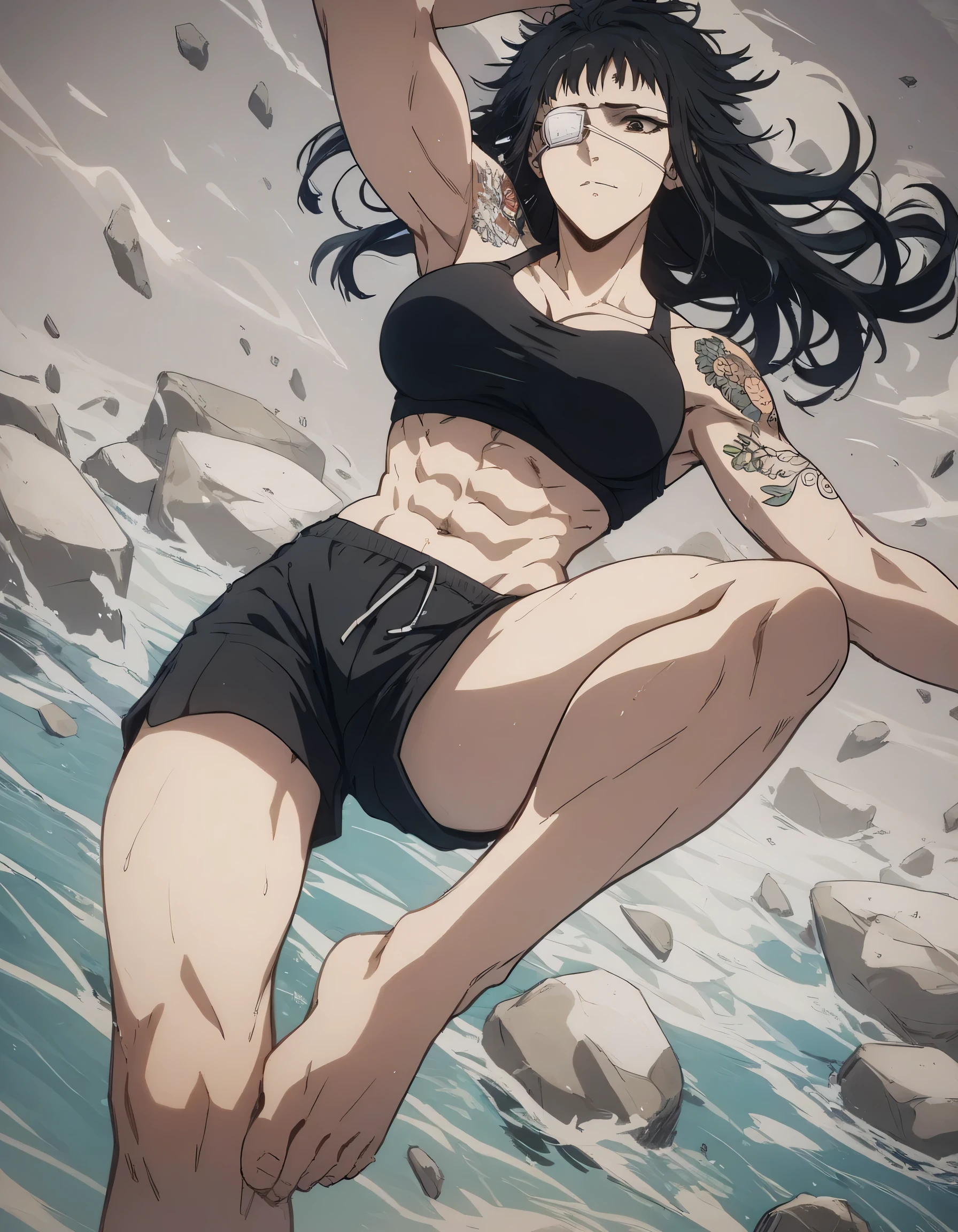 score_9, score_8_up, score_7_up,score_6_up,high resolution,source_anime,s0fiavalm3t,1girl,eyepatch,black hair,long hair,,water,rocks,,suspended in air, tattoos on shoulder,wearing sport bra,black sport shorts,Barefoot,training hard,,sporting attraction,Crunches exercise 