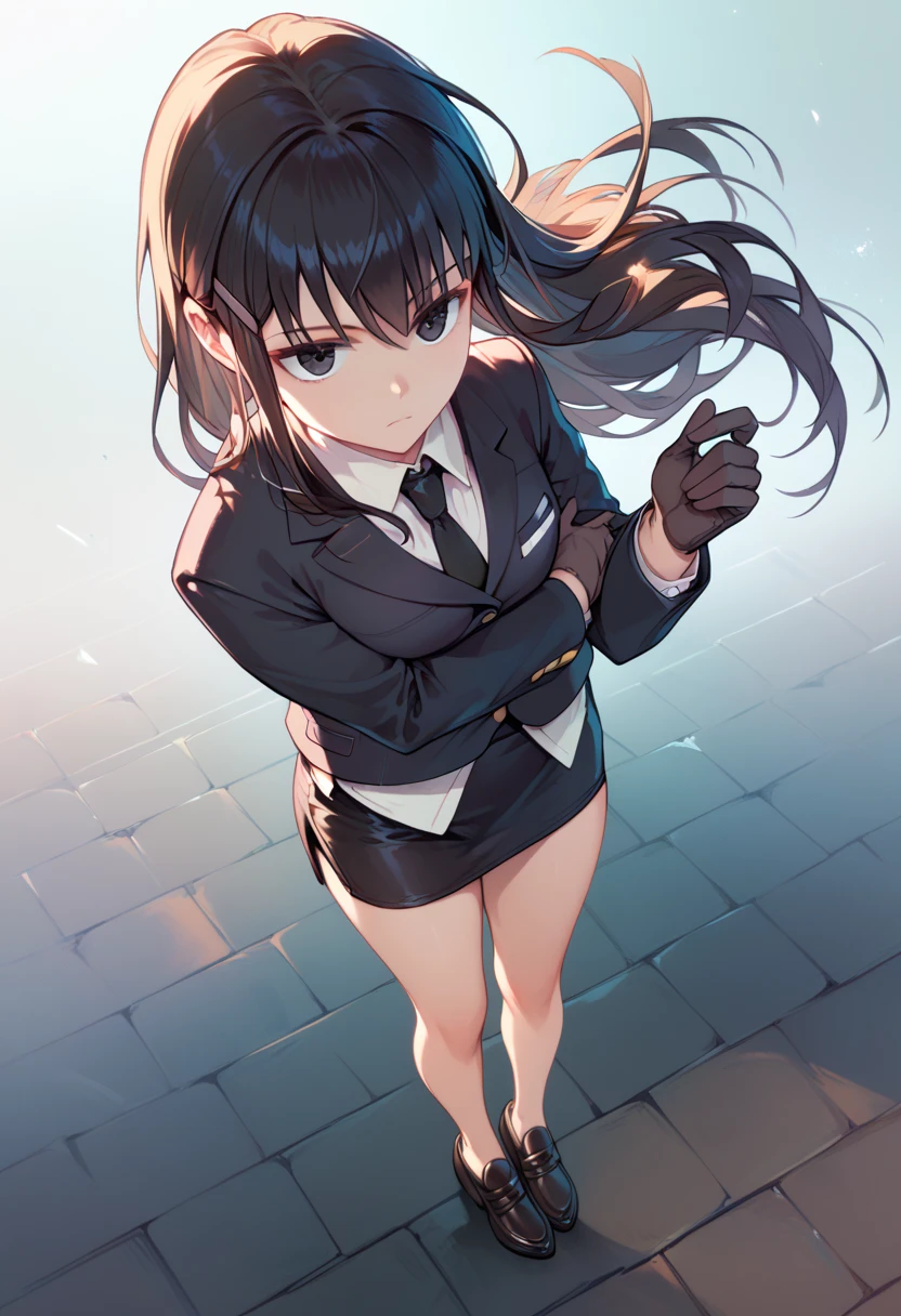 bangs, black gloves, black eyes, thighs, black hair, lucy-default, black hair ,long hair,hairclip, black blazer, black miniskirt, black pencil skirt, black loafers, view from above, standing posture , black tie