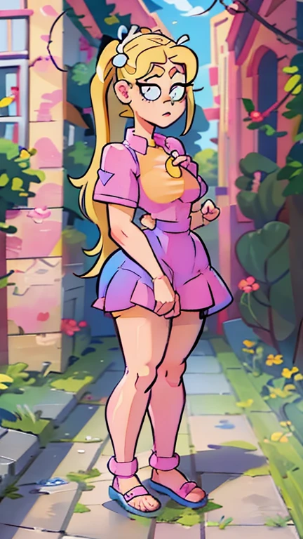 Teenage Helga Pataki from nickelodeon, yellow big pigtails, one single thick eyebrow, blue eyes, big ass, [Wide hips: 1.9] , full pink dress, alone, in the streets, small breasts, walking naked