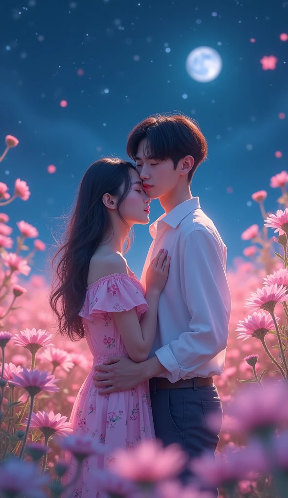 A beautiful realistic korean age couple girl in a pink flowery dress having her head on boy's shoulder standing in a beautiful dreamy flower garden at night