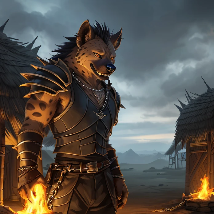 Masterpiece, HD, high resolution, high quality, best quality, super detailed. Solo character alone. Fantasy art.
{{(A 50-years-old male-adult-gnoll:(appearance: hyena-head. real-hyena-face. hyena-orange-color-eyes. black-nose. hyena ears. hyena-mouth. hyena-teeth. Male-slender-hyena-body. hyena-fur. Anthro-hyena-arms. hyena-hands-with-five-fingers and grey sharp claws. Anthro-hyena-slender-legs. hyena-feet. five-hyena-feet-fingers-with-grey-sharp-claws. He stands 1,88-CM-tall. hyena-sadistic-smiling-face. provocative-killer-pose. insane-malefic-demeanor.),(equipment: chained-maze.),(he wears: black-armor. blue pants. spiky necklace. Yellow-shoulders-armors. Chained-belts. Chained-vest.),(scenery: gnoll encampement. norse tribal tents. grey cloudy sky.))}}