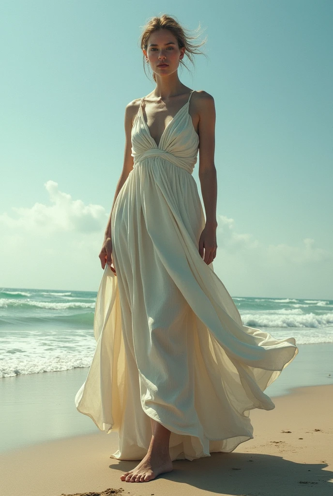 29 old girl in a dress walking on the beach, large breasts, wearing a long dress, white sunkiss skin, wearing long gown, soft silk dress, at beach at sunset, standing near the beach, wearing a sexy dress made of water with sexy pose , ultra detailed realistic face, realistic