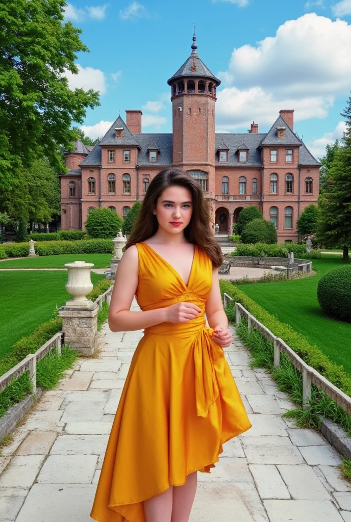 (photo-realism), ( top quality, masterpiece, Full of details), Cute teenage actress Jennifer Connelly at , Two-tower mansion, Lots of trees, Colorful gardens, vase, old mansion , White stone road, Green Grass,  blue sky,  sunshine on stilet,  brown brick mansion, 