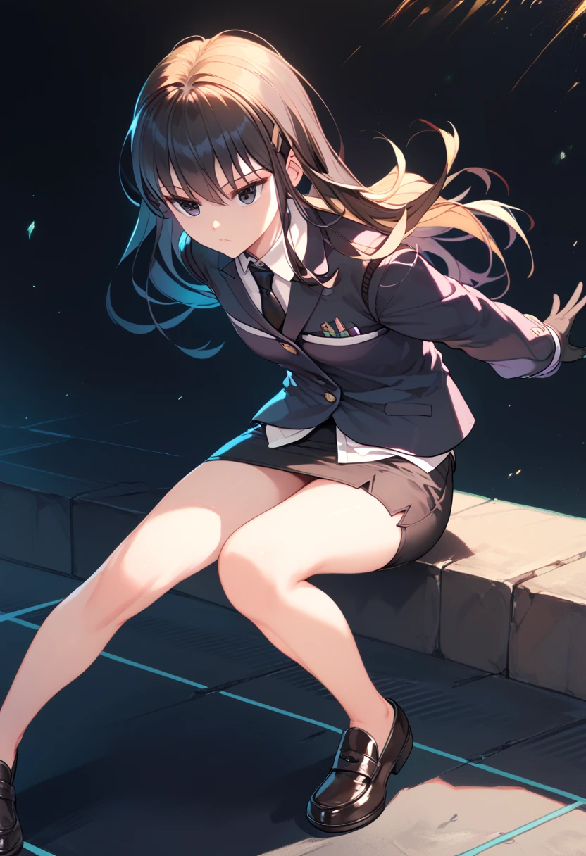 bangs, black gloves, black eyes, thighs, black hair, lucy-default, black hair ,long hair,hairclip, black blazer, black miniskirt, black pencil skirt, black loafers, standing posture , black tie, frontal