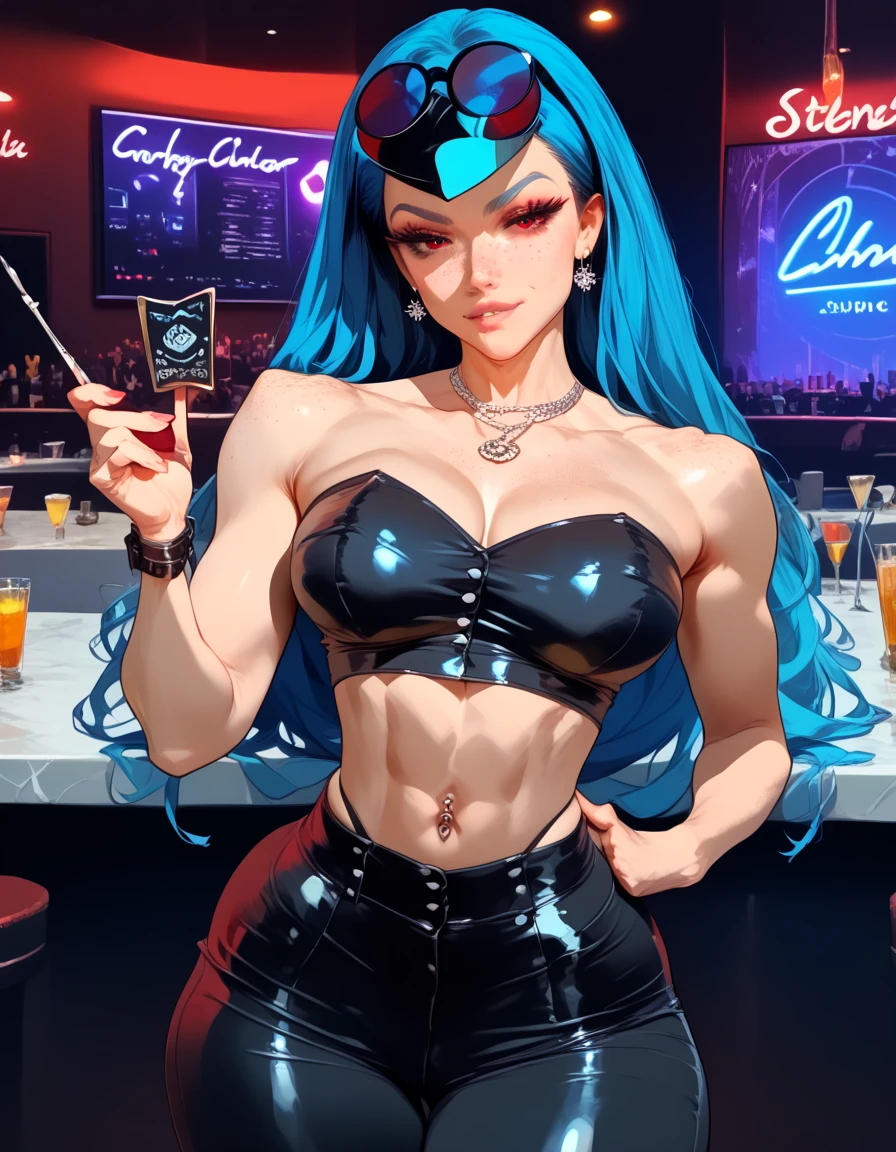 highres, sharp focus, pixiv masterpiece, ((intricate details)), best quality, ultra-detailed, beautiful dj girl, seductive face, bitting lip, bronze skin, freckles, long fringe blue hair, detailed red eyes, slanted eyes, big eyelashes, wide black eyebrows, medium breasts, thin waist, big hips, fit toned figure, strapless crop top, bellybutton piercing, black thong, low waist leather pants, in a club
