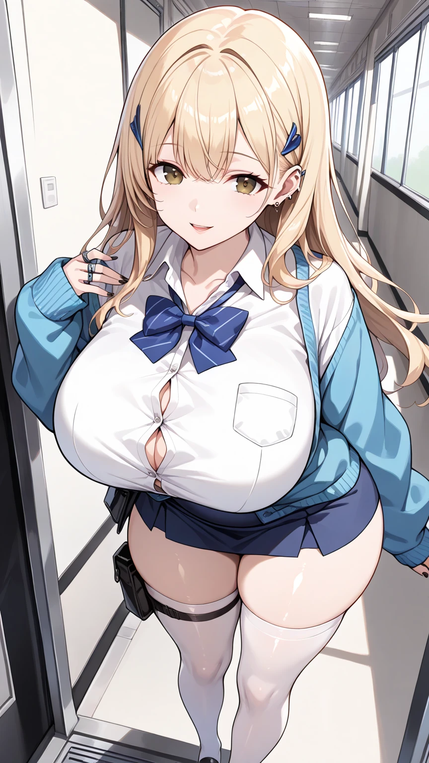 (masterpiece,  top quality,  absurd,  high definition ,  Concept Art ,  vibrant colors,  super detailed, up to date, Ray Tracing),  1 girl, (tiadef , brown eyes, blonde hair, long hair, hair ornament, ear piercing, huge breasts, white shirt, cleavage, button gap, blue bowtie,  blue cardigan, sleeves past wrists, blue skirt, multiple rings, black nails, white thighhighs, hip pouch), (huge breasts, potbelly, wide hip, thick thighs),  viewers who stop at the edge, Open lips, Smile,  is shy, (Detailed school, corridor), (shiny skin,  beautiful skin,  textured skin,  smooth skin,  shiny skin, Body that emits light ), (full body), 