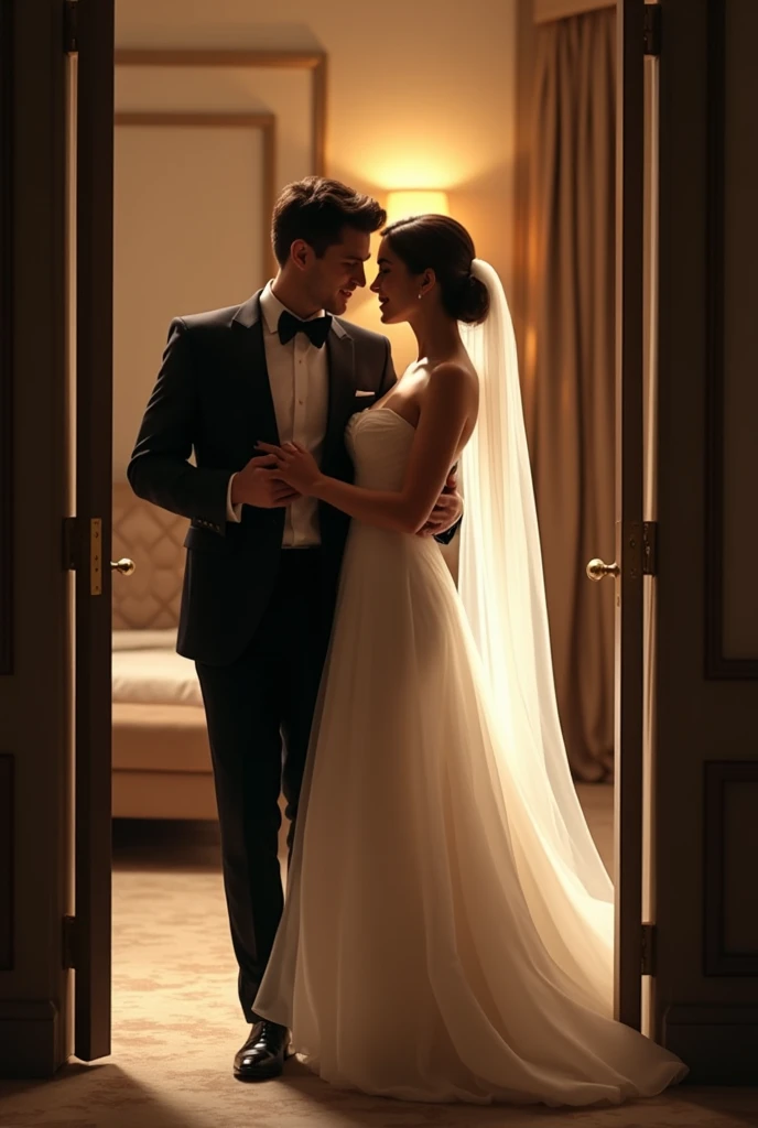 tall beautiful bride in wedding dress standing with short handsome groom in tuxedo at wedding ceremony, groom only reaches bride's shoulder height, beautiful detailed eyes,beautiful detailed lips,extremely detailed eyes and face,long eyelashes, (best quality,4k,8k,highres,masterpiece:1.2), ultra-detailed, (realistic,photorealistic,photo-realistic:1.37), HDR, UHD, studio lighting, ultra-fine painting, sharp focus, physically-based rendering, extreme detail, professional, vivid colors, bokeh, digital painting