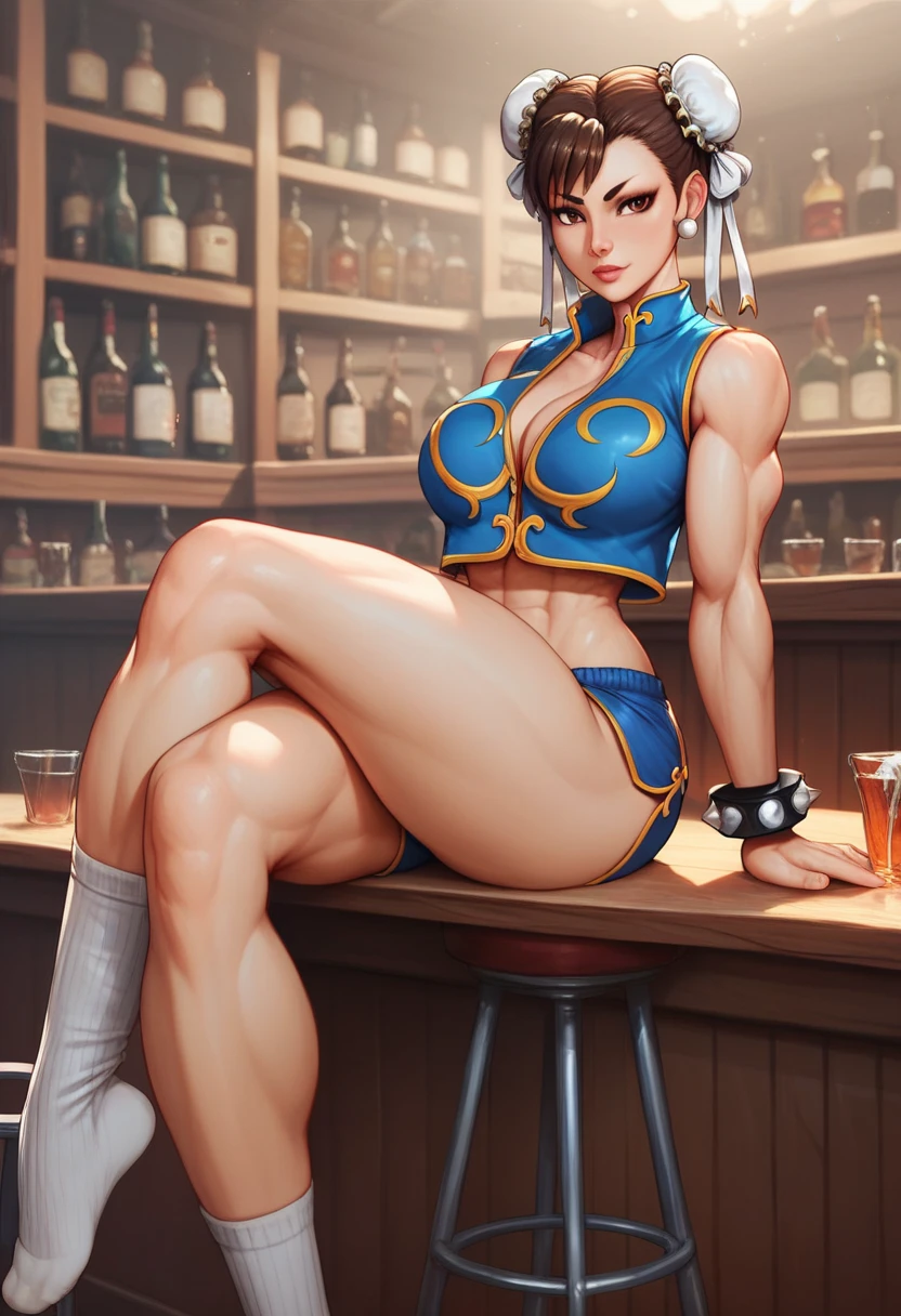 Chun Li (smiling) Street Fighter wearing ripped lowrider jeans and a crop top, art by Artgerm, anime full-body portrait of a model ((HH-size breasts, very Thick thighs, athletic build, feminine form, lythe body, black hair, twin buns, 20 years old, youthful face, cleavage)) wearing a crop top, wearing ripped lowrider jeans, cheerful smile, 4k, beautiful woman with soft blue eyes, key light reflected in the eyes, doing a leg split on the floor for the camera, painted background, studio portrait, soft light, bezel lighting, shimmer in the eyes, bokeh background, picturesque, 8K, HDR, RGB, Ultra-HD