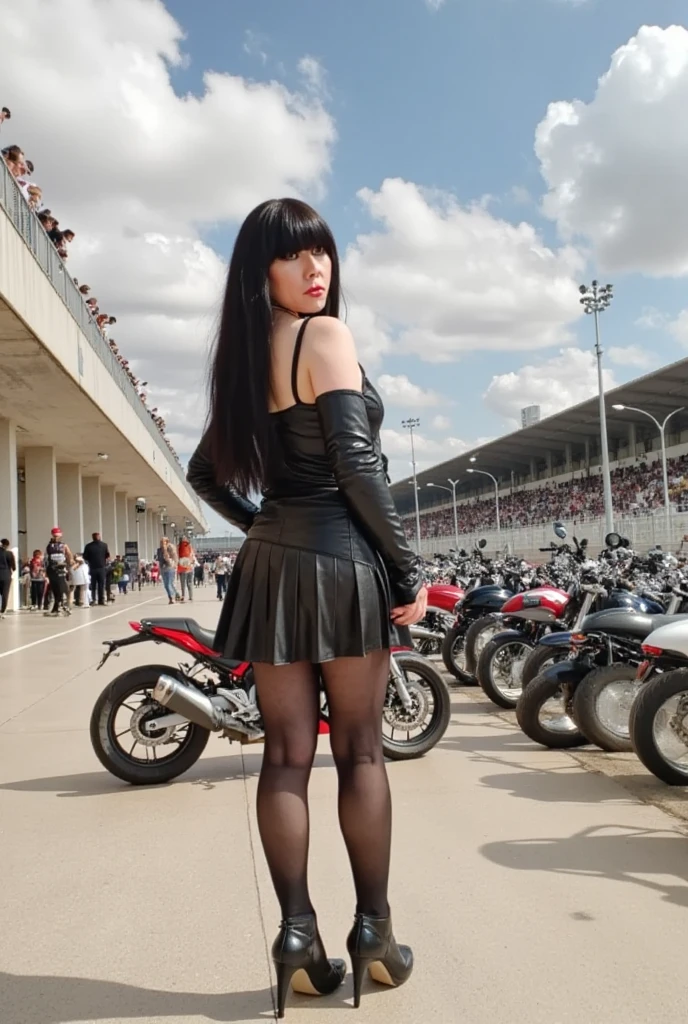   Detailed face of Jacqueline  ,   shiny and silky hair without fringes,  bare forehead ,  perfect body  ,  sexy woman,   smiley face, minifalda plisada de leather, upskirt: 1.4,   showing her big butt  ,   motorcycle racing  , Frau im leatheroutfit, leatherbekleidung und Stiefel, leatherbekleidung, in schwarzes leather gekleidet, en a complete leather suit, leatherbekleidung, bekleidet mit kurzer leatherjacke, leather, leatherstiefel, in Biker-leather gekleidet, leather stockings, high boots, interested in   , Amado  ,   imposing and dominant  , bekleidet mit leatherjacke, Tragen von leather,