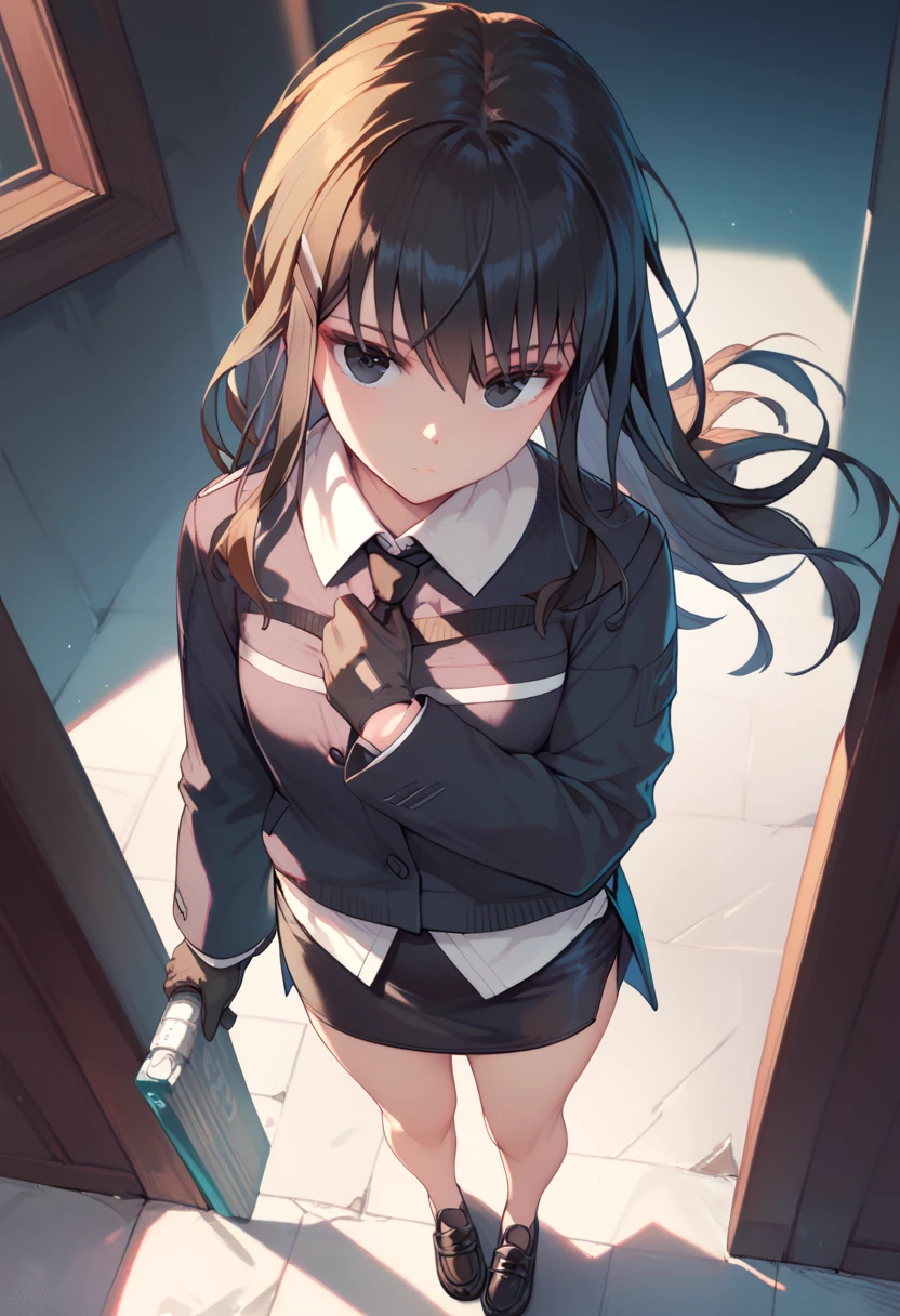 bangs, black gloves, black eyes, thighs, black hair, lucy-default, black hair ,long hair,hairclip, black blazer, black miniskirt, black pencil skirt, black loafers, standing , black tie, frontal, view from above