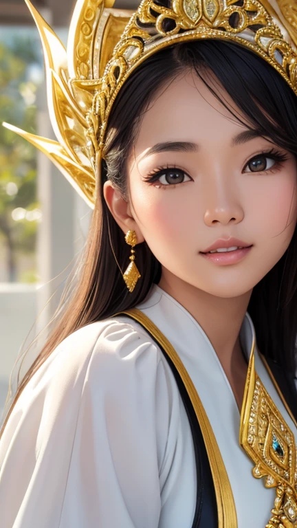 An extreme close-up portrait of a beautiful Thai woman, her skin illuminated by a soft, bright white light that casts pure, clean reflections. The fine gold textures in her clothing stand out against the white tone, creating a striking contrast. From the side, her lips appear soft and plump, partially revealing perfect teeth, while her serene expression is highlighted by the white glow. The overall scene is fresh and radiant, with the gold details shimmering against the brightness.